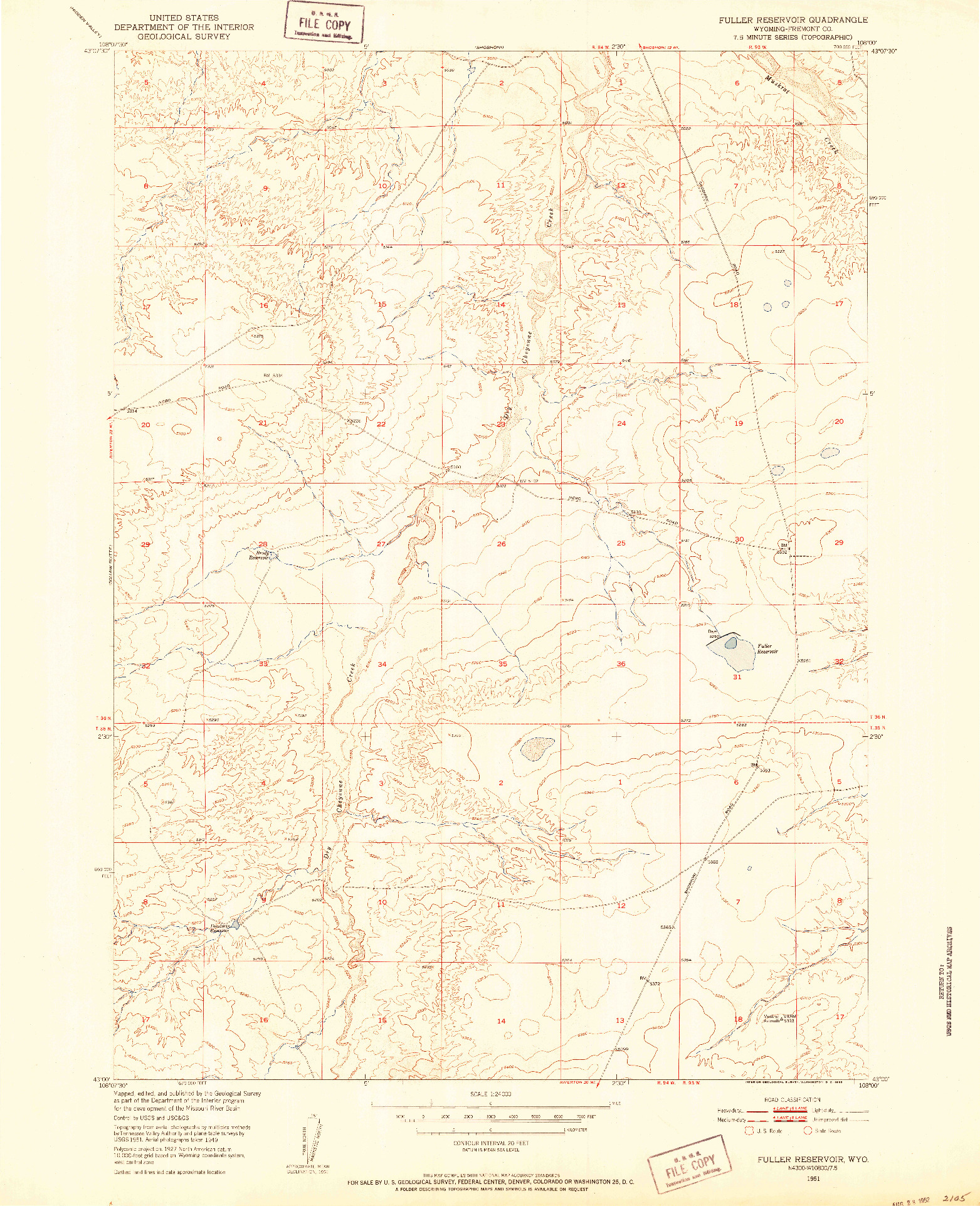 USGS 1:24000-SCALE QUADRANGLE FOR FULLER RESERVOIR, WY 1951