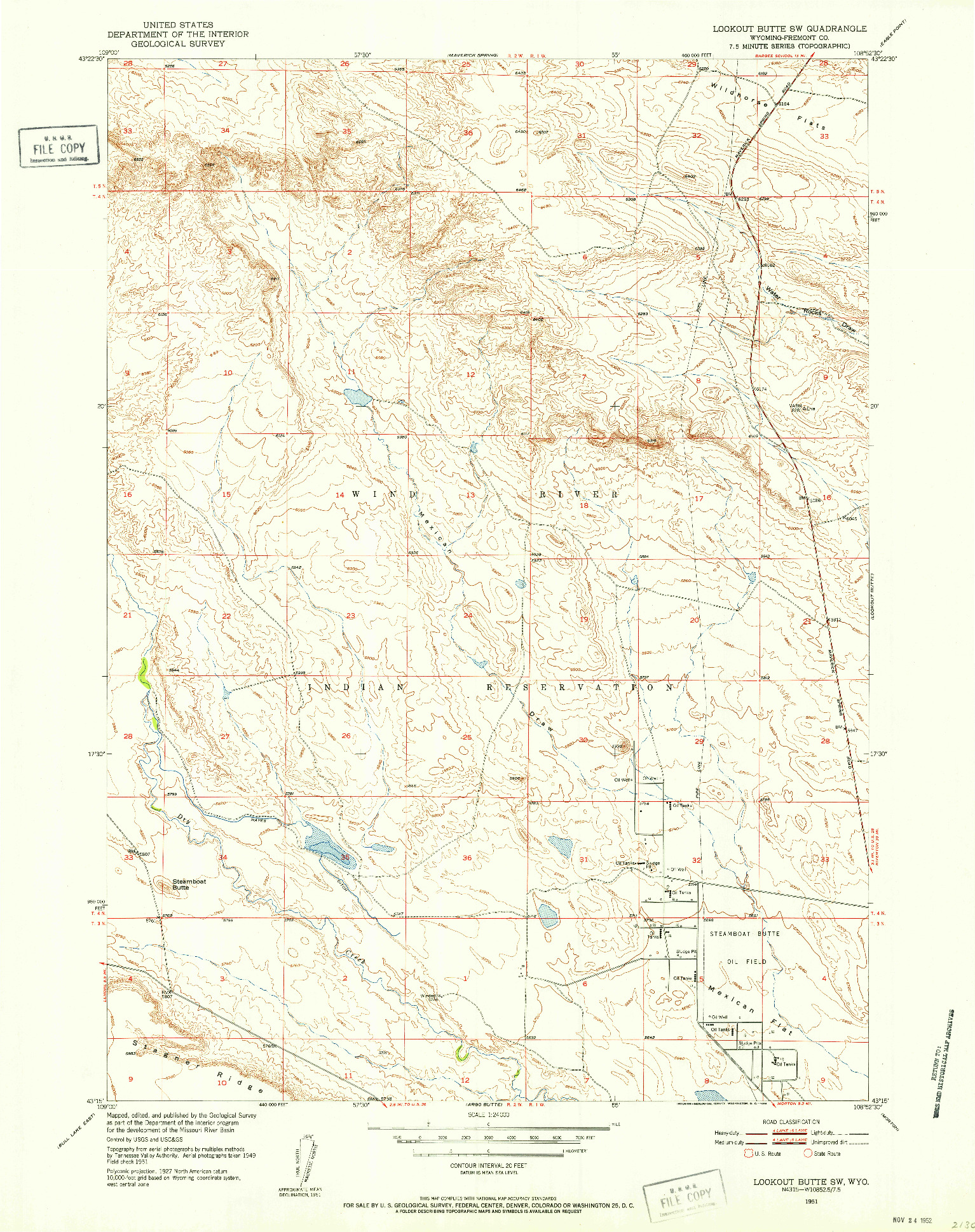 USGS 1:24000-SCALE QUADRANGLE FOR LOOKOUT BUTTE SW, WY 1951