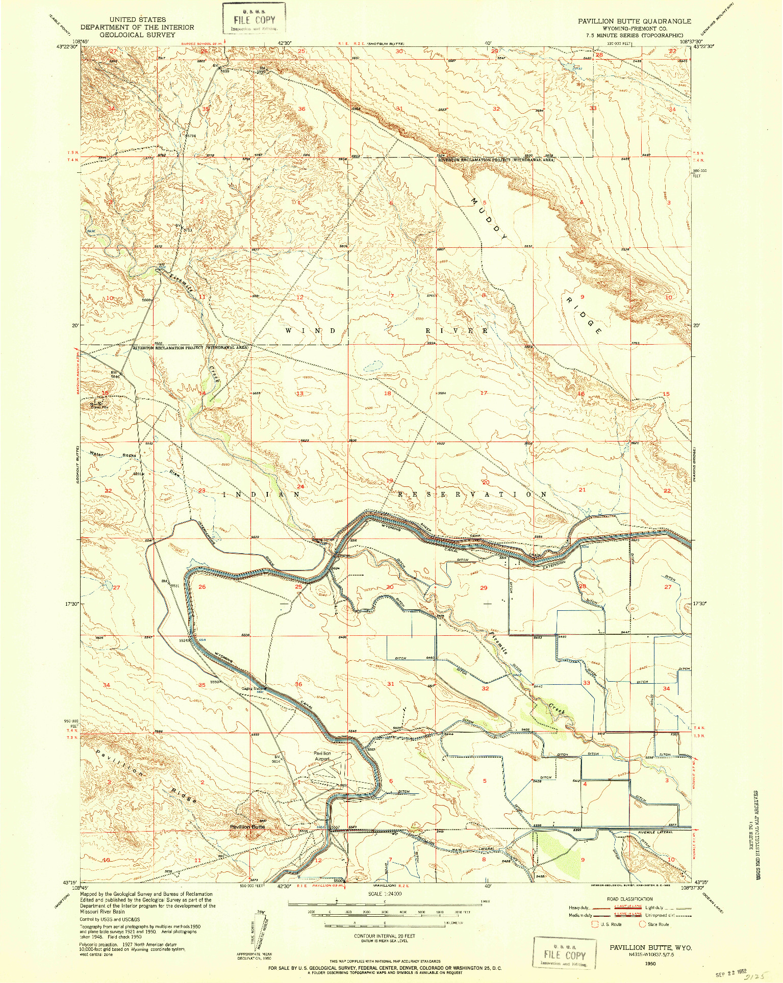 USGS 1:24000-SCALE QUADRANGLE FOR PAVILLION BUTTE, WY 1950