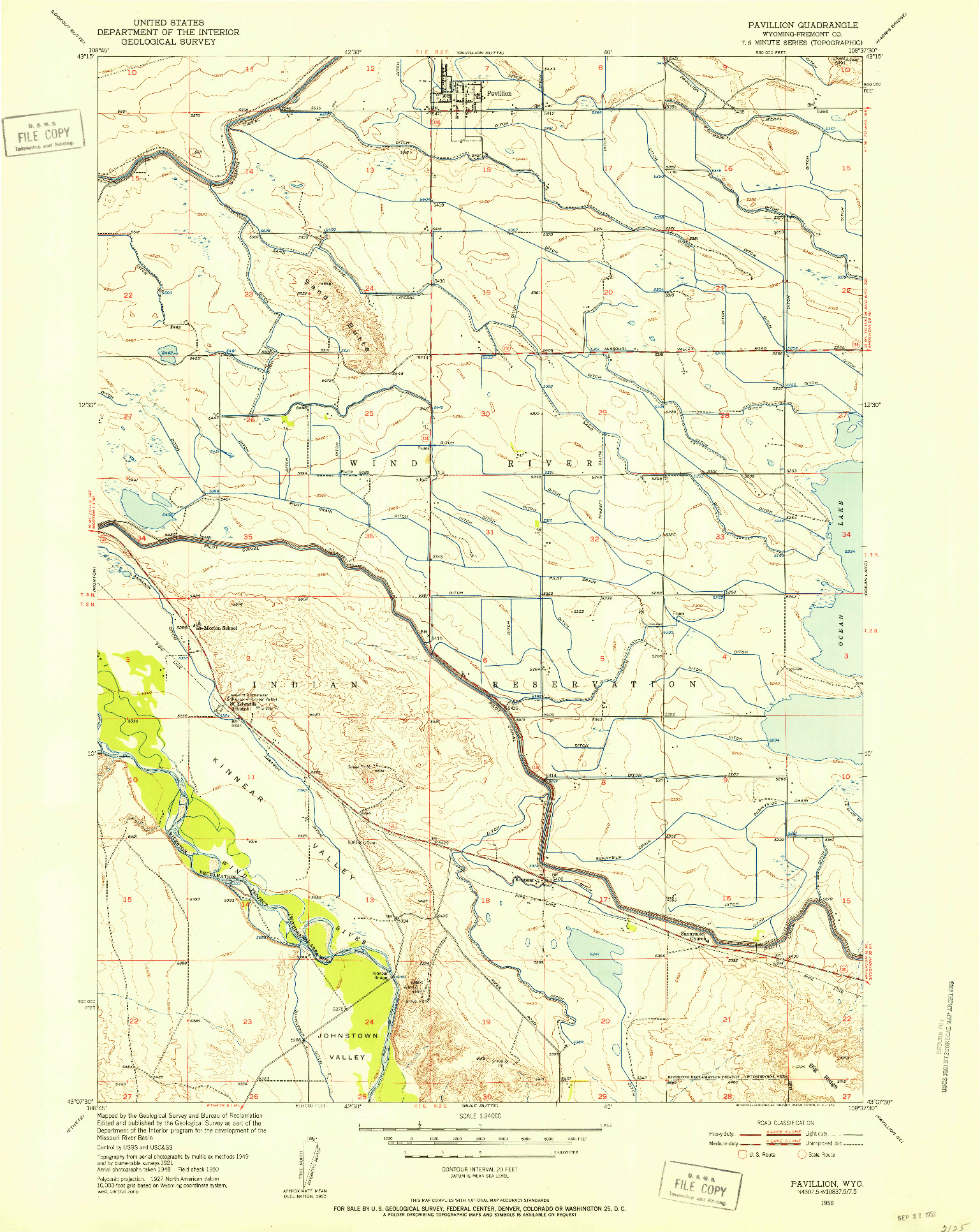 USGS 1:24000-SCALE QUADRANGLE FOR PAVILLION, WY 1950