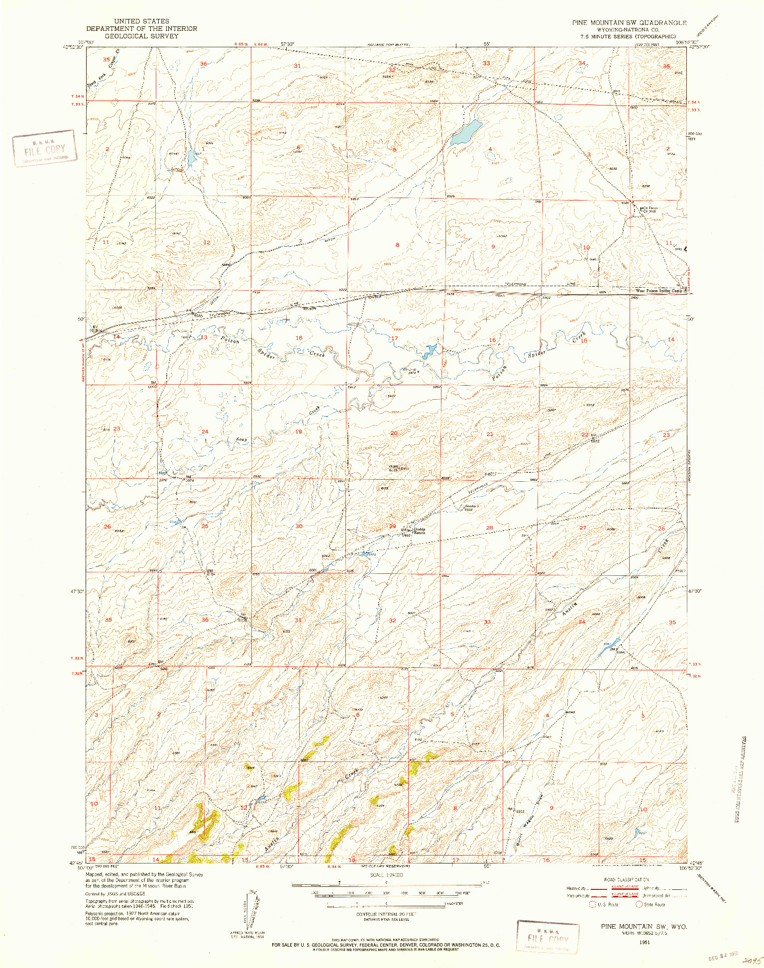 USGS 1:24000-SCALE QUADRANGLE FOR PINE MOUNTAIN SW, WY 1951