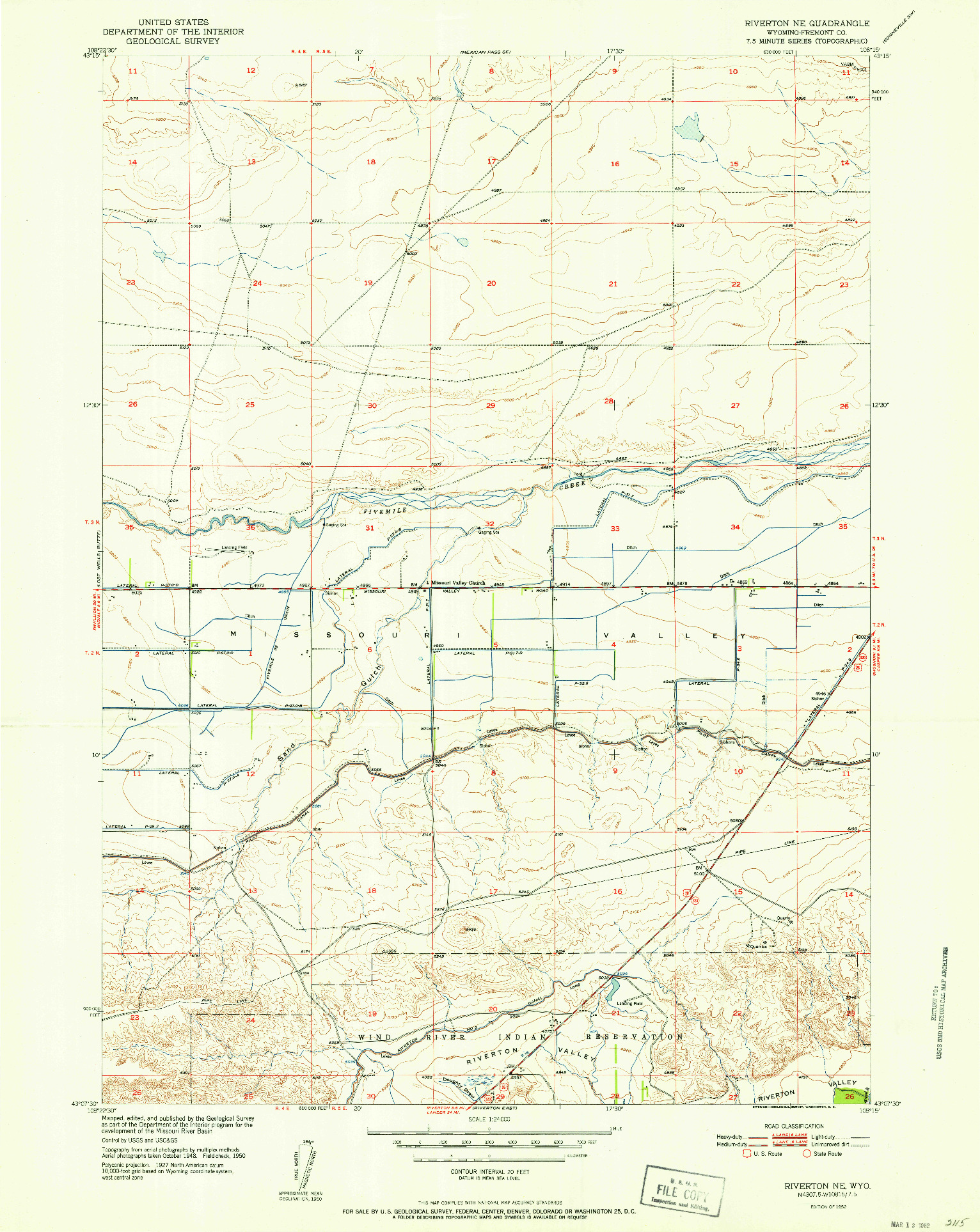 USGS 1:24000-SCALE QUADRANGLE FOR RIVERTON NE, WY 1952