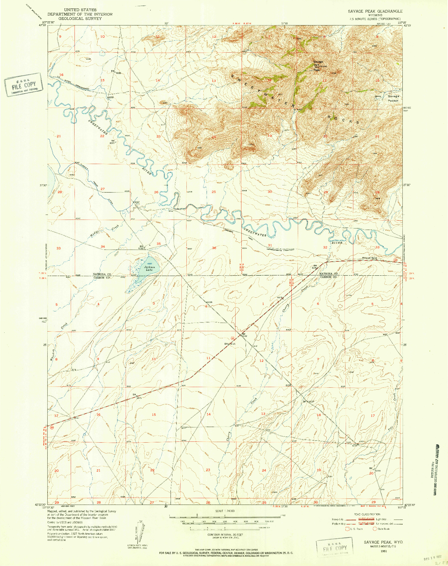 USGS 1:24000-SCALE QUADRANGLE FOR SAVAGE PEAK, WY 1951