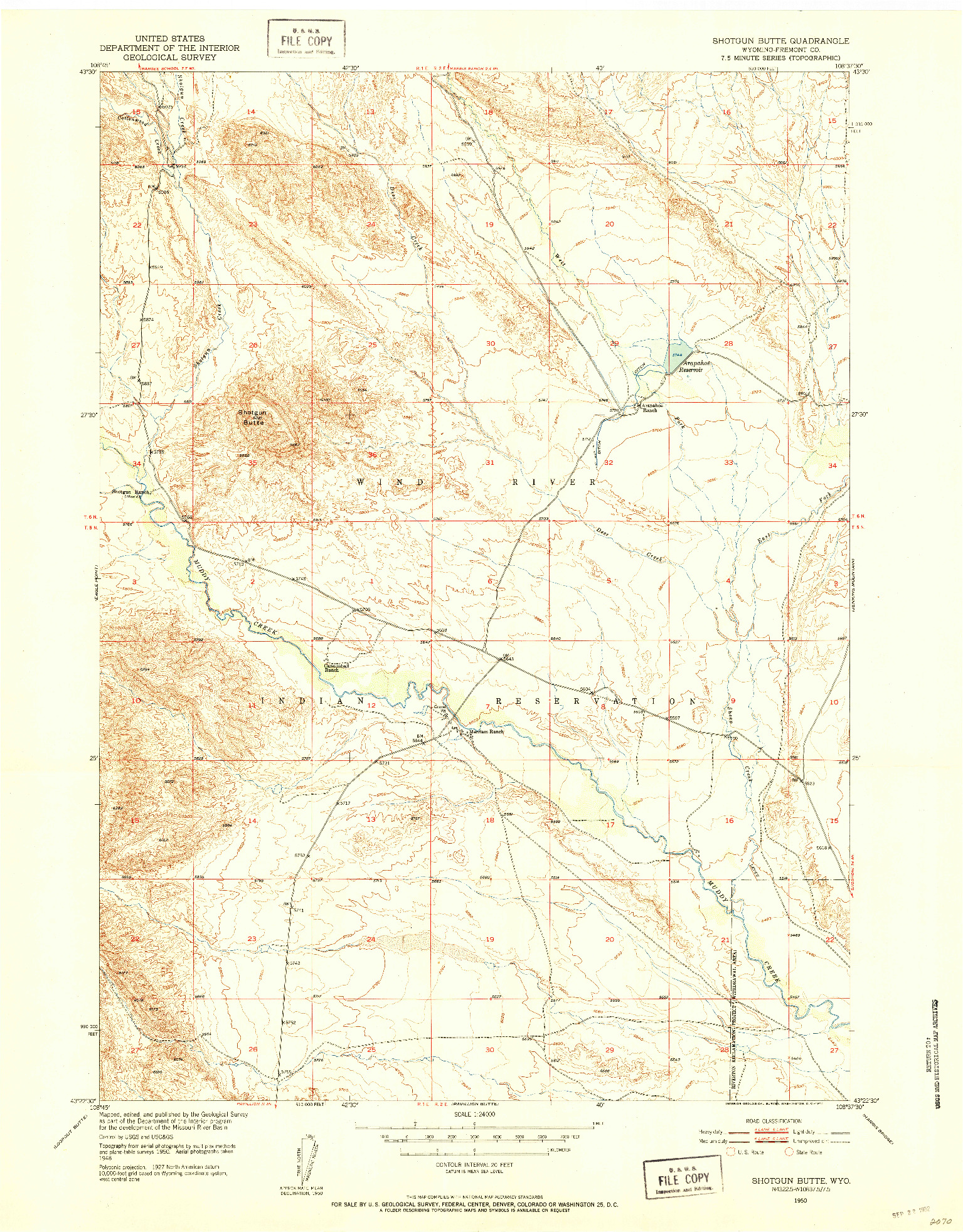 USGS 1:24000-SCALE QUADRANGLE FOR SHOTGUN BUTTE, WY 1950