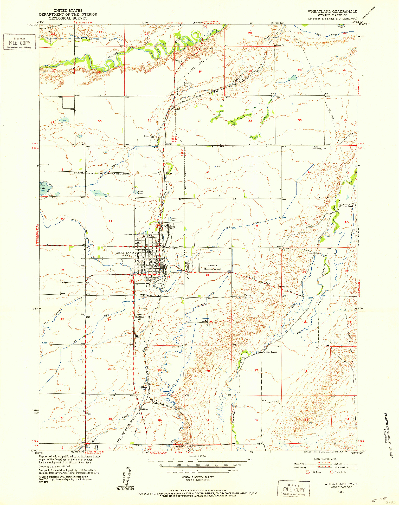 USGS 1:24000-SCALE QUADRANGLE FOR WHEATLAND, WY 1951