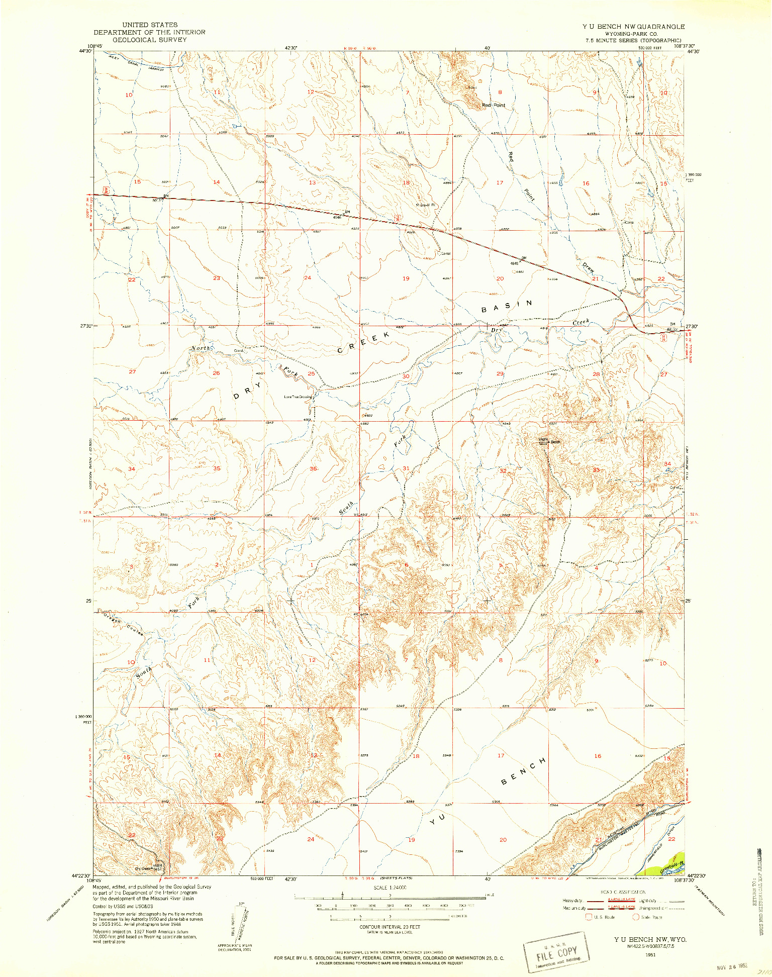 USGS 1:24000-SCALE QUADRANGLE FOR Y U BENCH NW, WY 1951