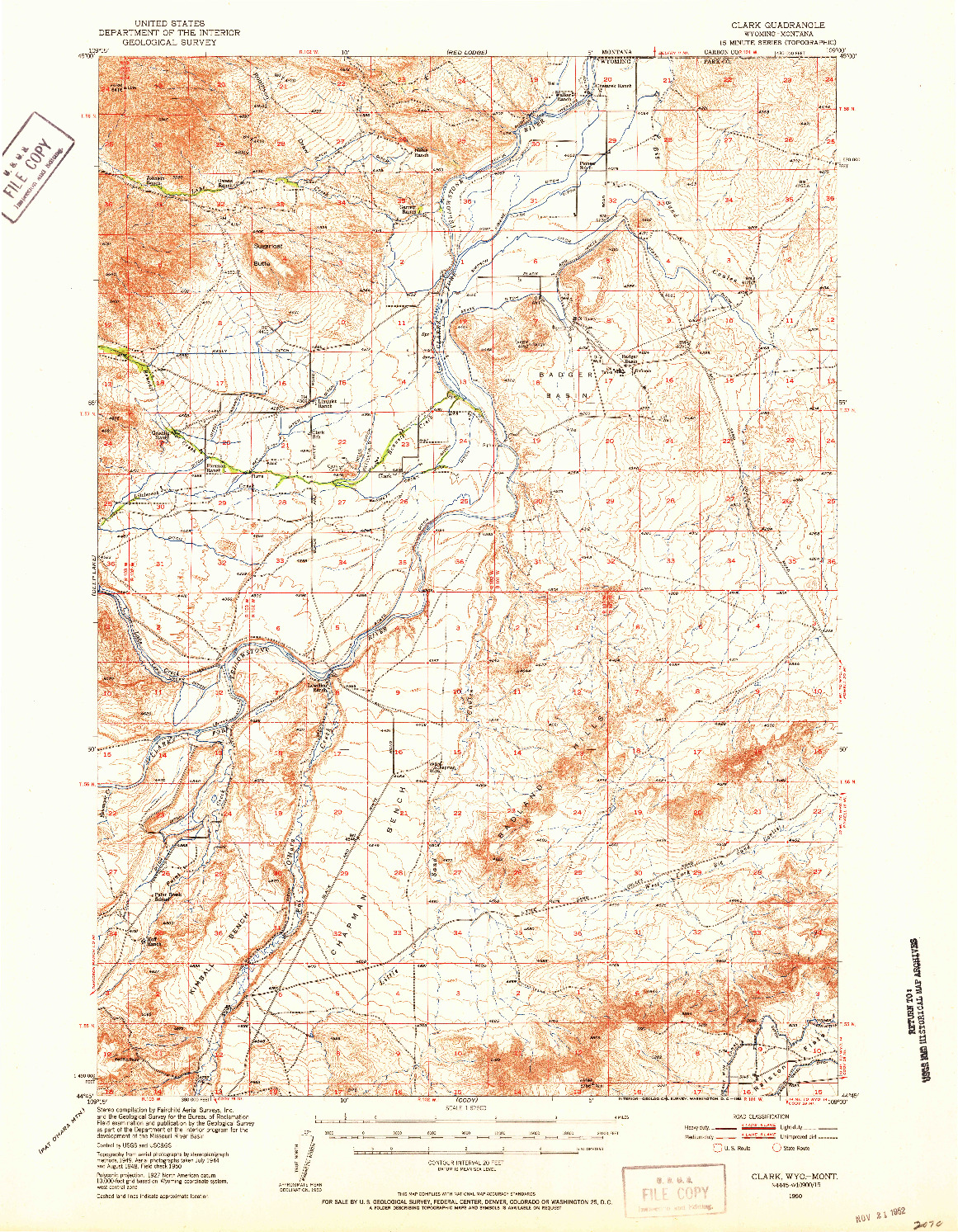 USGS 1:62500-SCALE QUADRANGLE FOR CLARK, WY 1950