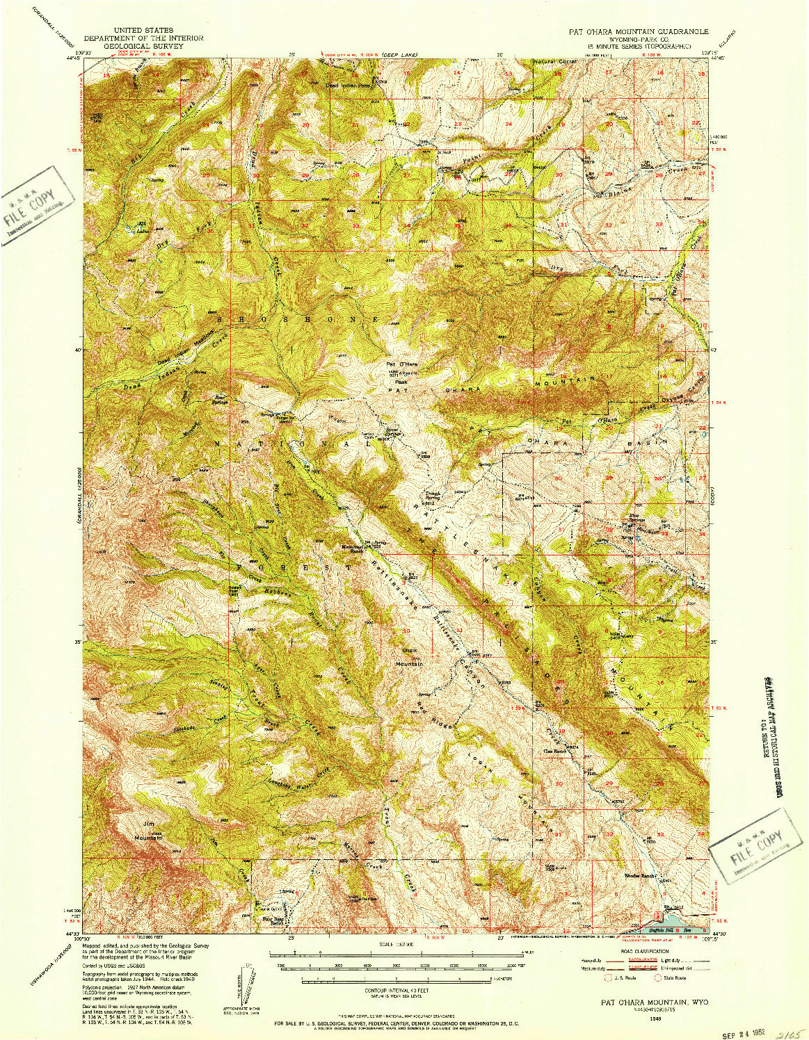 USGS 1:62500-SCALE QUADRANGLE FOR PAT O'HARA MOUNTAIN, WY 1949