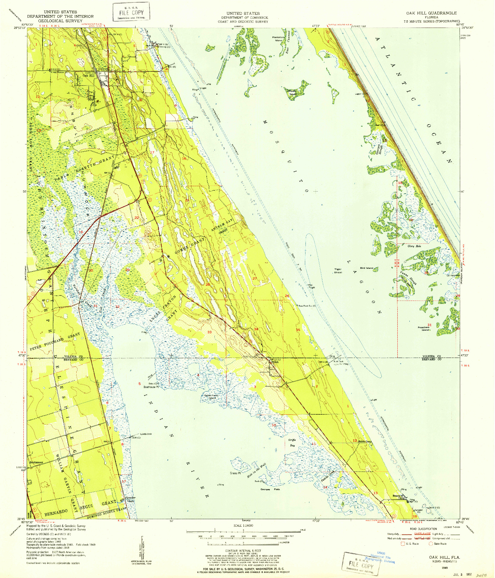 USGS 1:24000-SCALE QUADRANGLE FOR OAK HILL, FL 1949