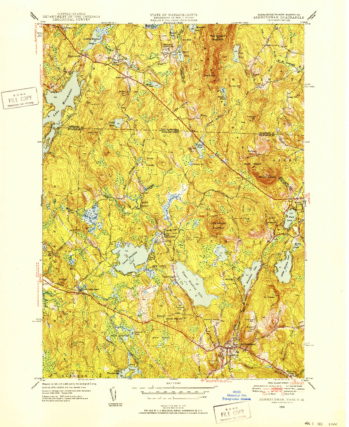 USGS 1:31680-SCALE QUADRANGLE FOR ASHBURNHAM, MA 1950