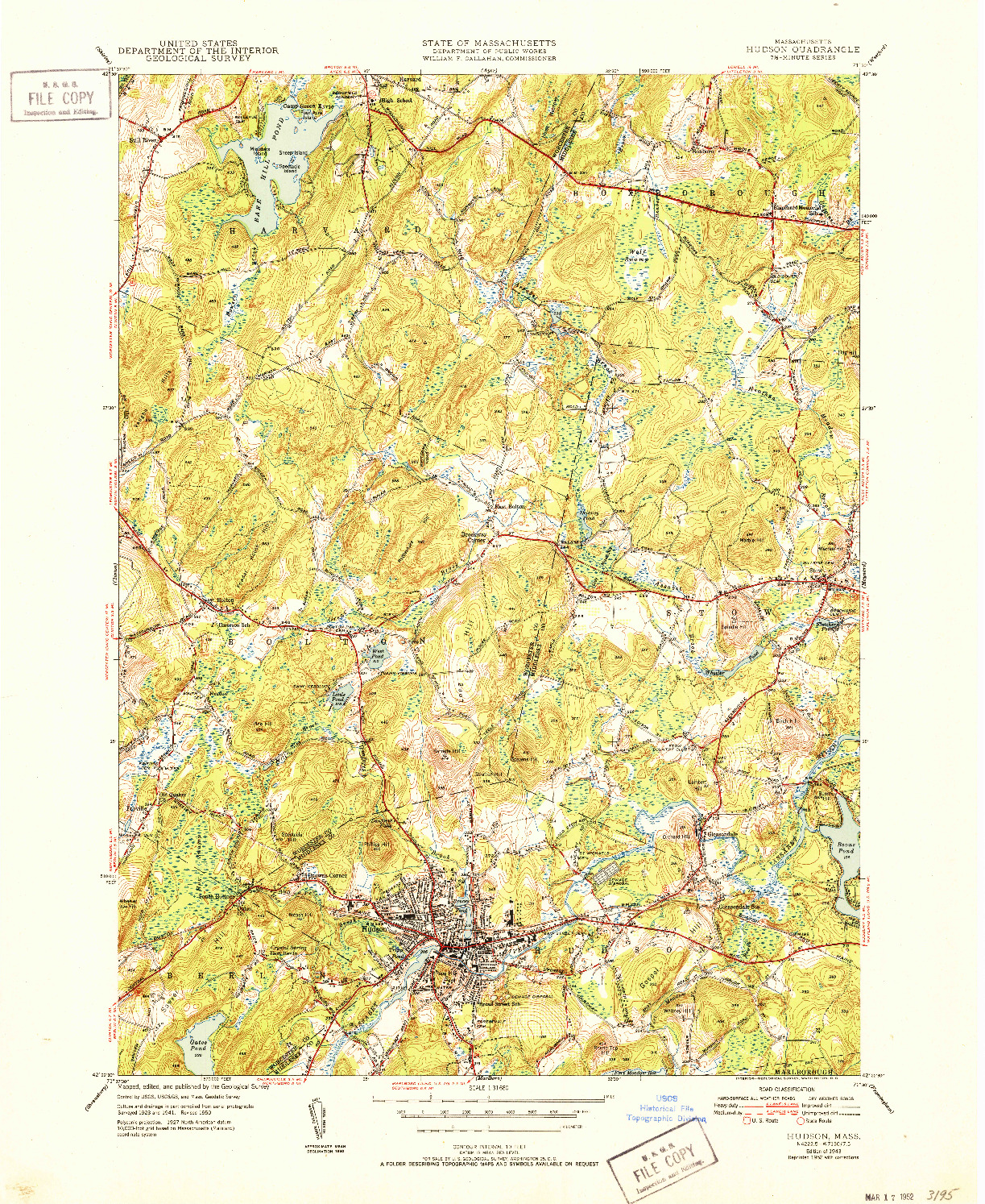 USGS 1:31680-SCALE QUADRANGLE FOR HUDSON, MA 1943