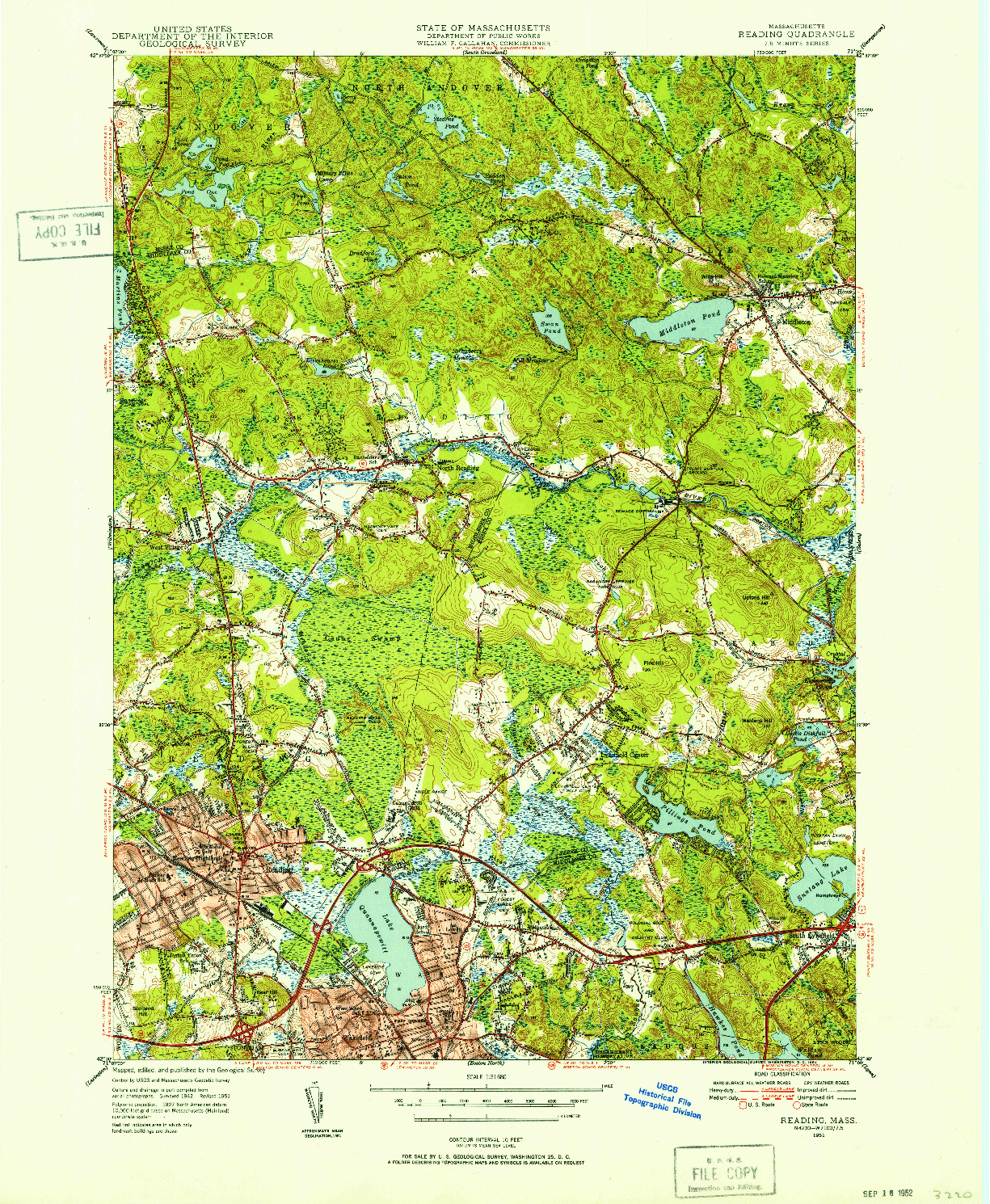 USGS 1:31680-SCALE QUADRANGLE FOR READING, MA 1951