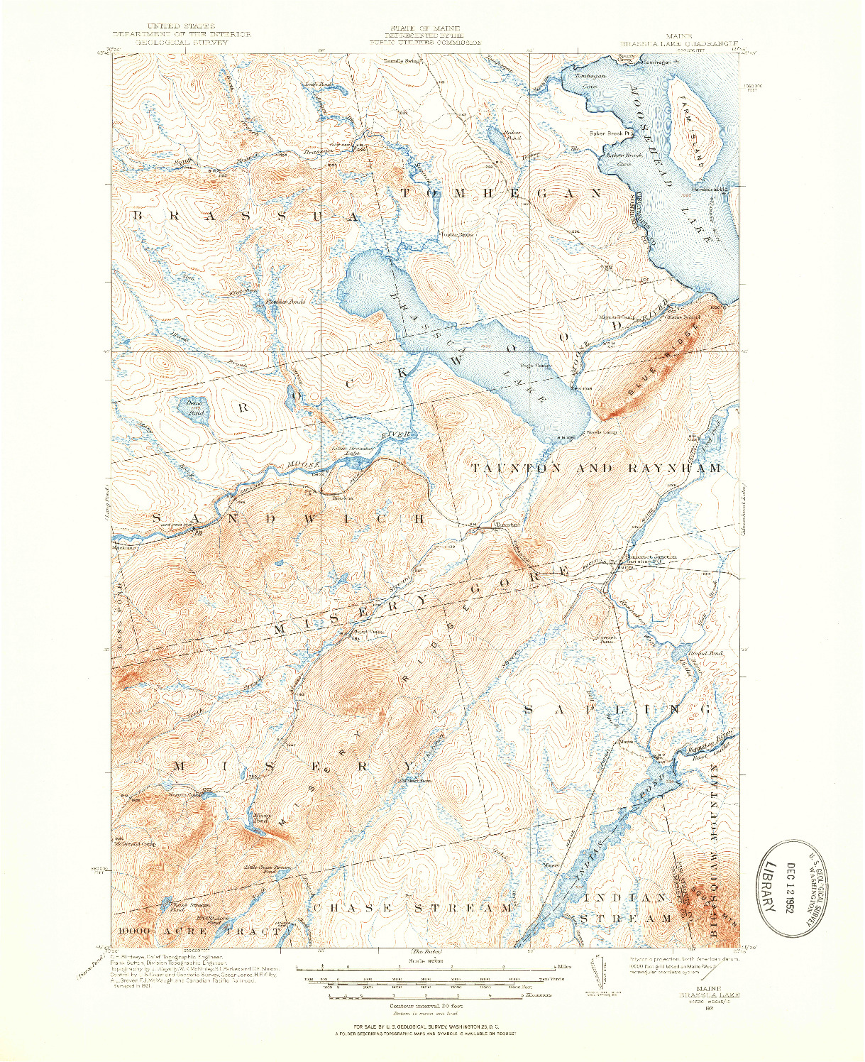 USGS 1:62500-SCALE QUADRANGLE FOR BRASSUA LAKE, ME 1921