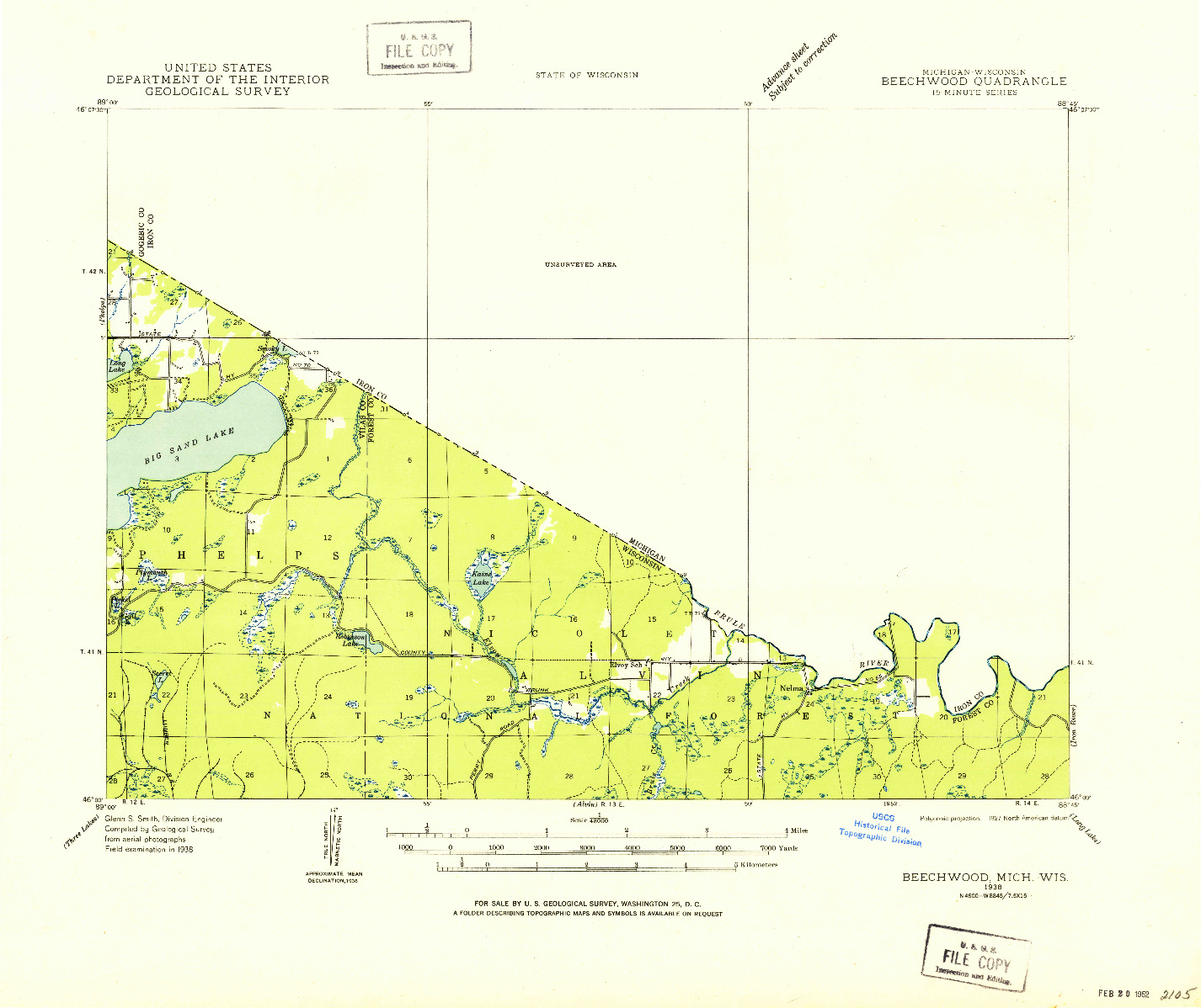 USGS 1:48000-SCALE QUADRANGLE FOR BEECHWOOD, MI 1938