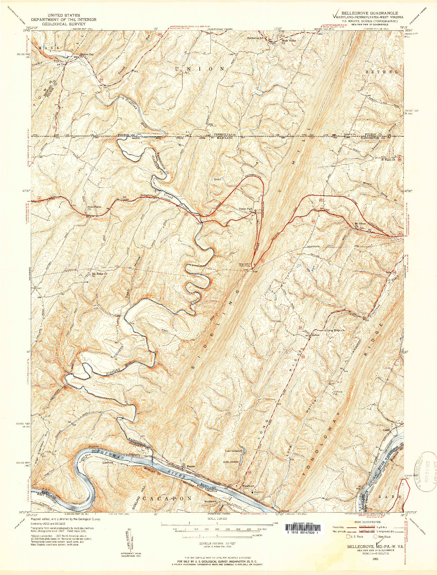 USGS 1:24000-SCALE QUADRANGLE FOR BELLEGROVE, MD 1951