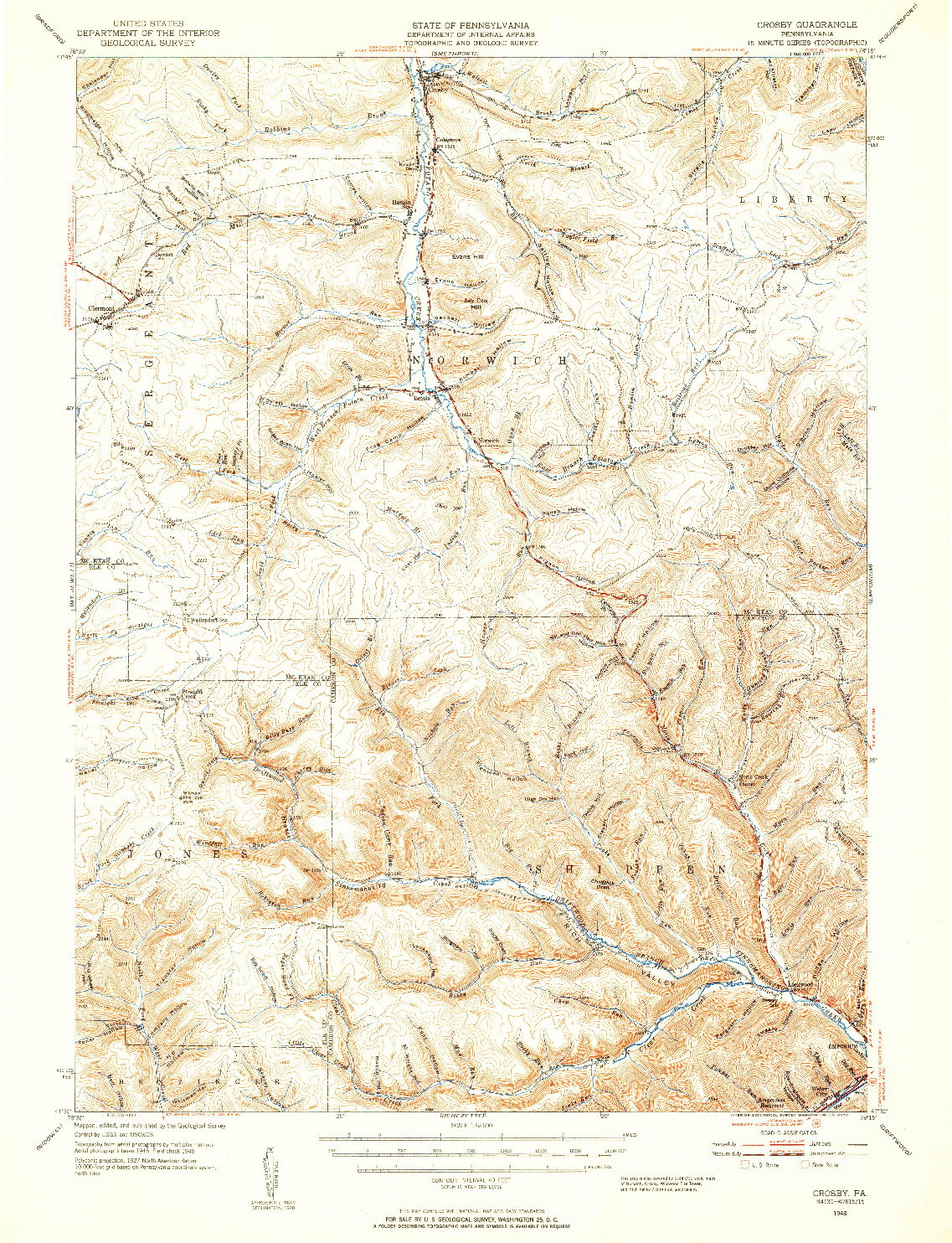 USGS 1:62500-SCALE QUADRANGLE FOR CROSBY, PA 1948