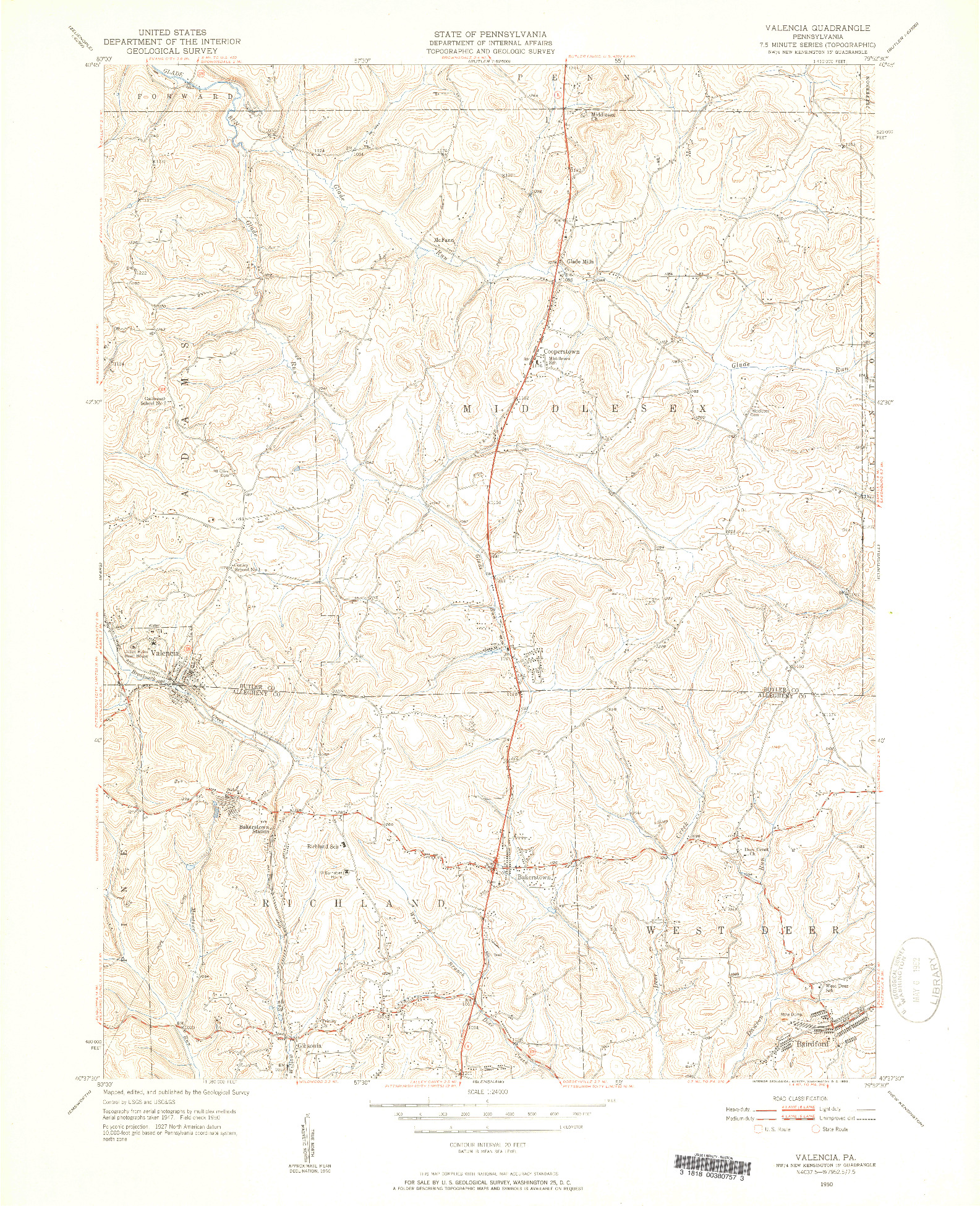 USGS 1:24000-SCALE QUADRANGLE FOR VALENCIA, PA 1950