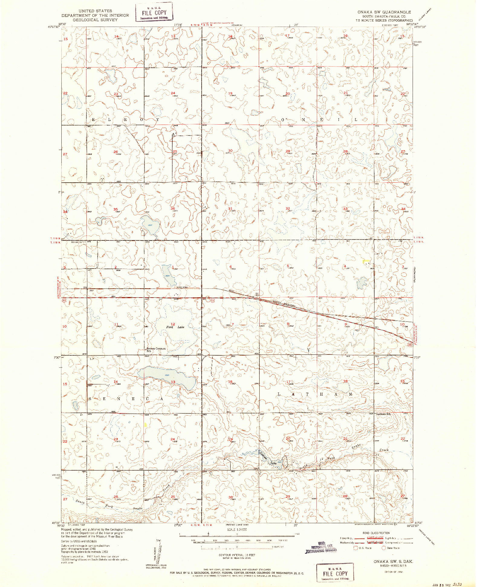 USGS 1:24000-SCALE QUADRANGLE FOR ONAKA SW, SD 1952