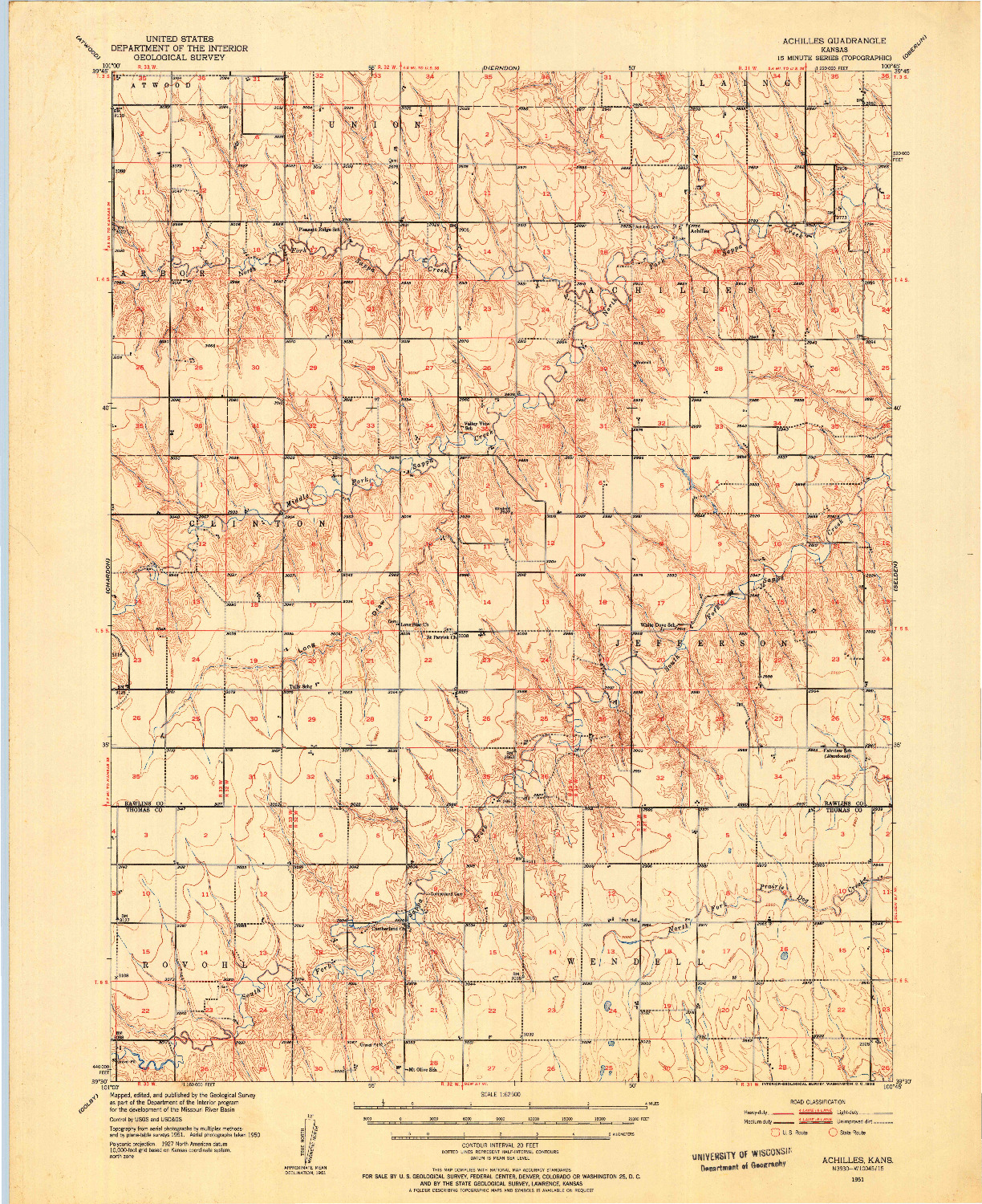 USGS 1:62500-SCALE QUADRANGLE FOR ACHILLES, KS 1951