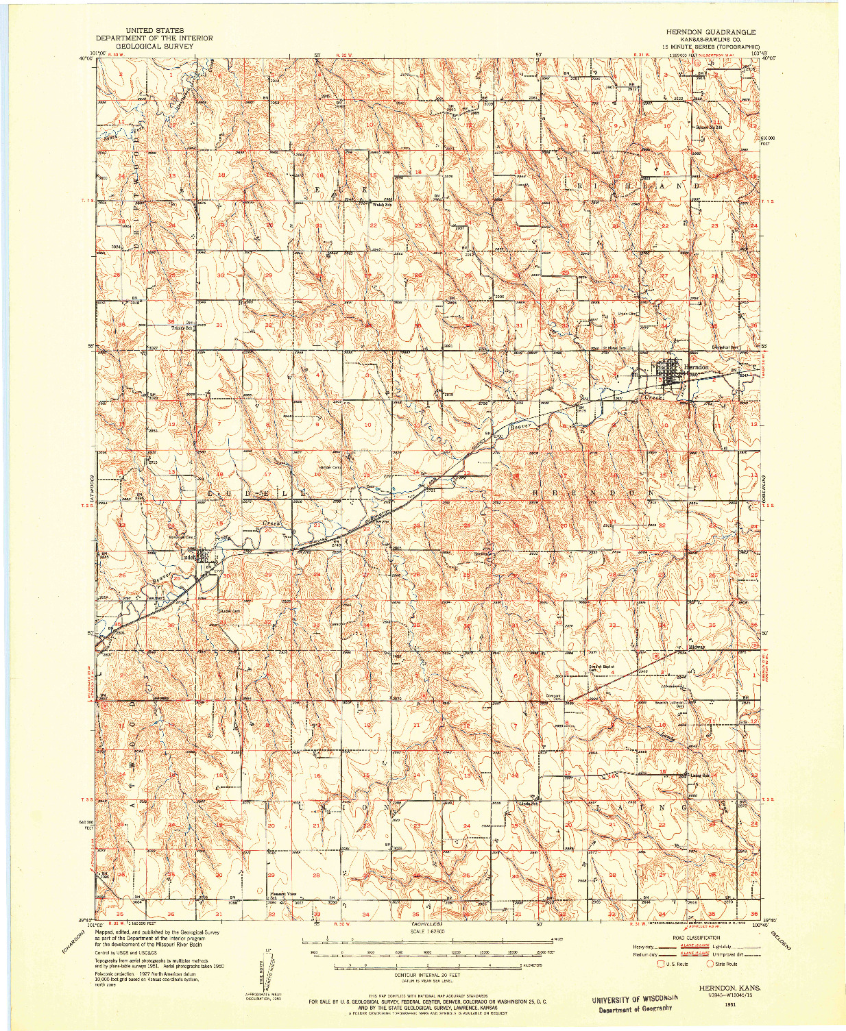 USGS 1:62500-SCALE QUADRANGLE FOR HERNDON, KS 1951