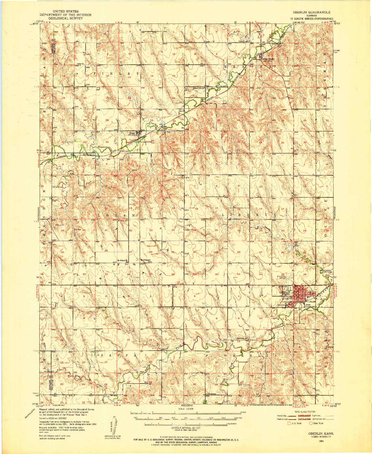 USGS 1:62500-SCALE QUADRANGLE FOR OBERLIN, KS 1951