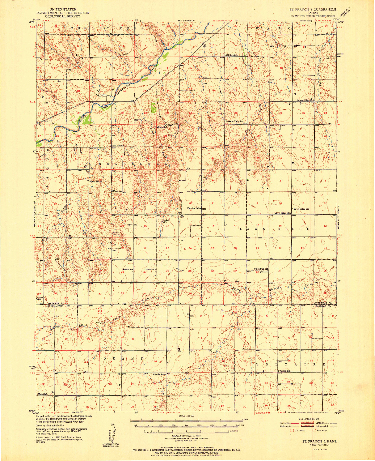 USGS 1:62500-SCALE QUADRANGLE FOR ST. FRANCIS 3, KS 1952