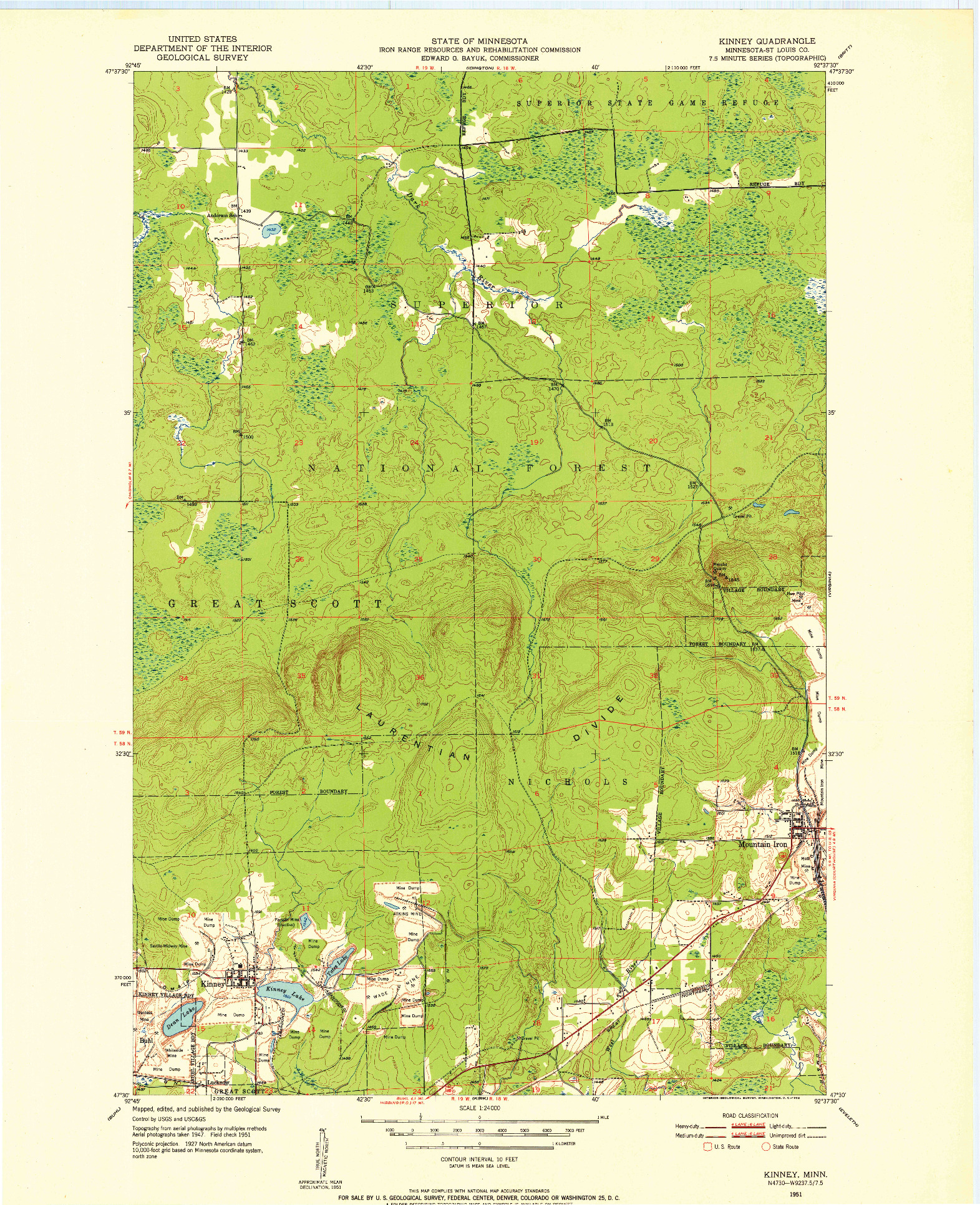 USGS 1:24000-SCALE QUADRANGLE FOR KINNEY, MN 1951