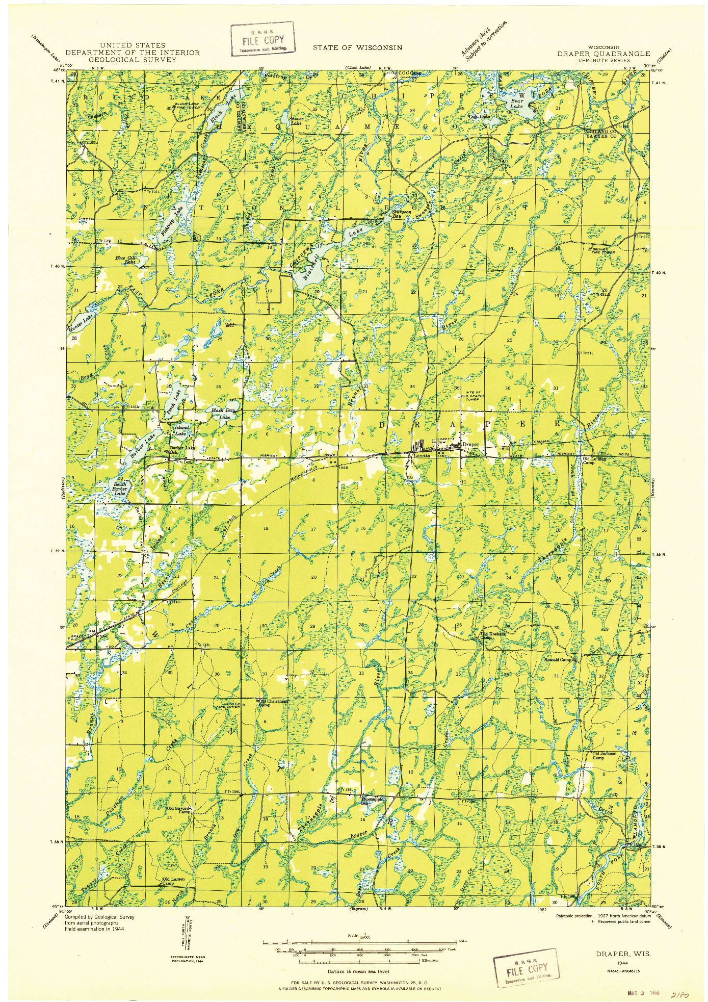 USGS 1:48000-SCALE QUADRANGLE FOR DRAPER, WI 1944