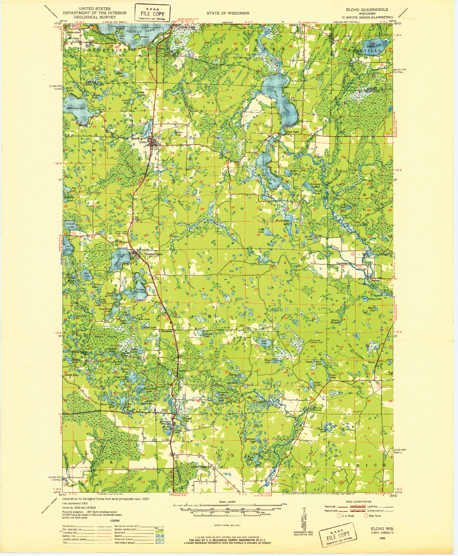 USGS 1:48000-SCALE QUADRANGLE FOR ELCHO, WI 1950