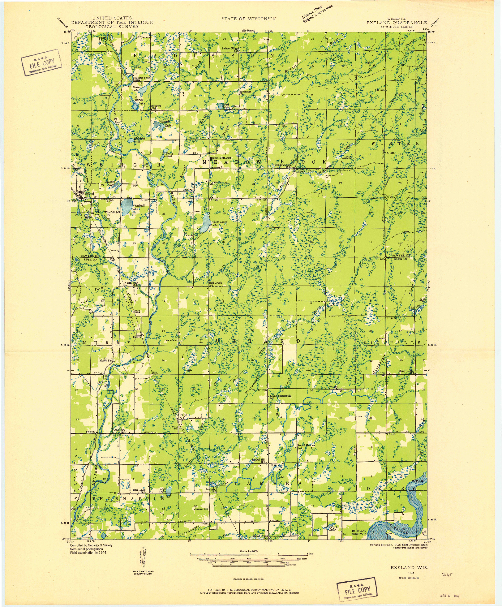 USGS 1:48000-SCALE QUADRANGLE FOR EXELAND, WI 1944