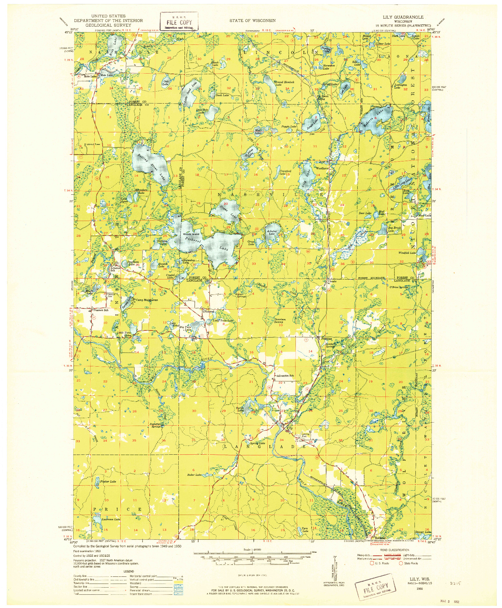 USGS 1:48000-SCALE QUADRANGLE FOR LILY, WI 1950