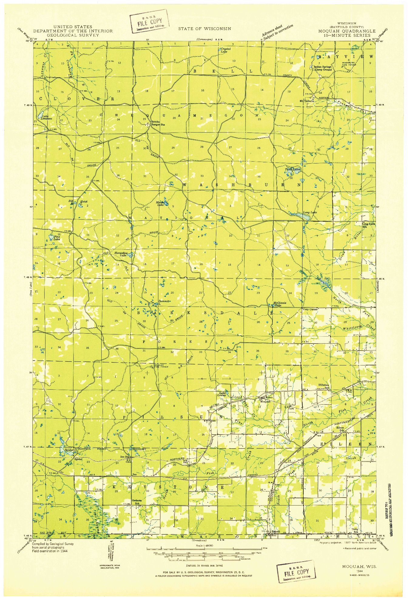 USGS 1:48000-SCALE QUADRANGLE FOR MOQUAH, WI 1944