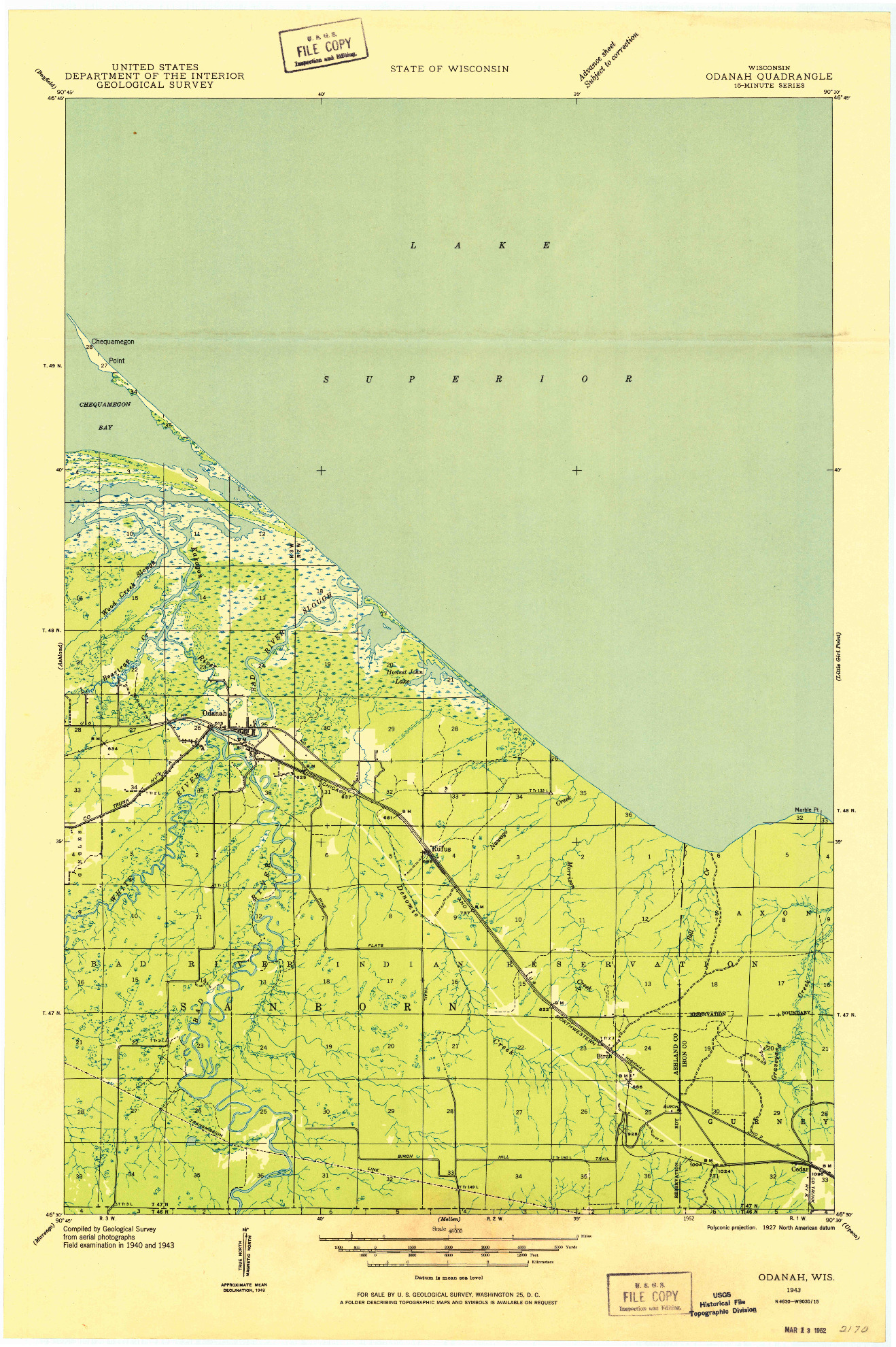 USGS 1:48000-SCALE QUADRANGLE FOR ODANAH, WI 1943