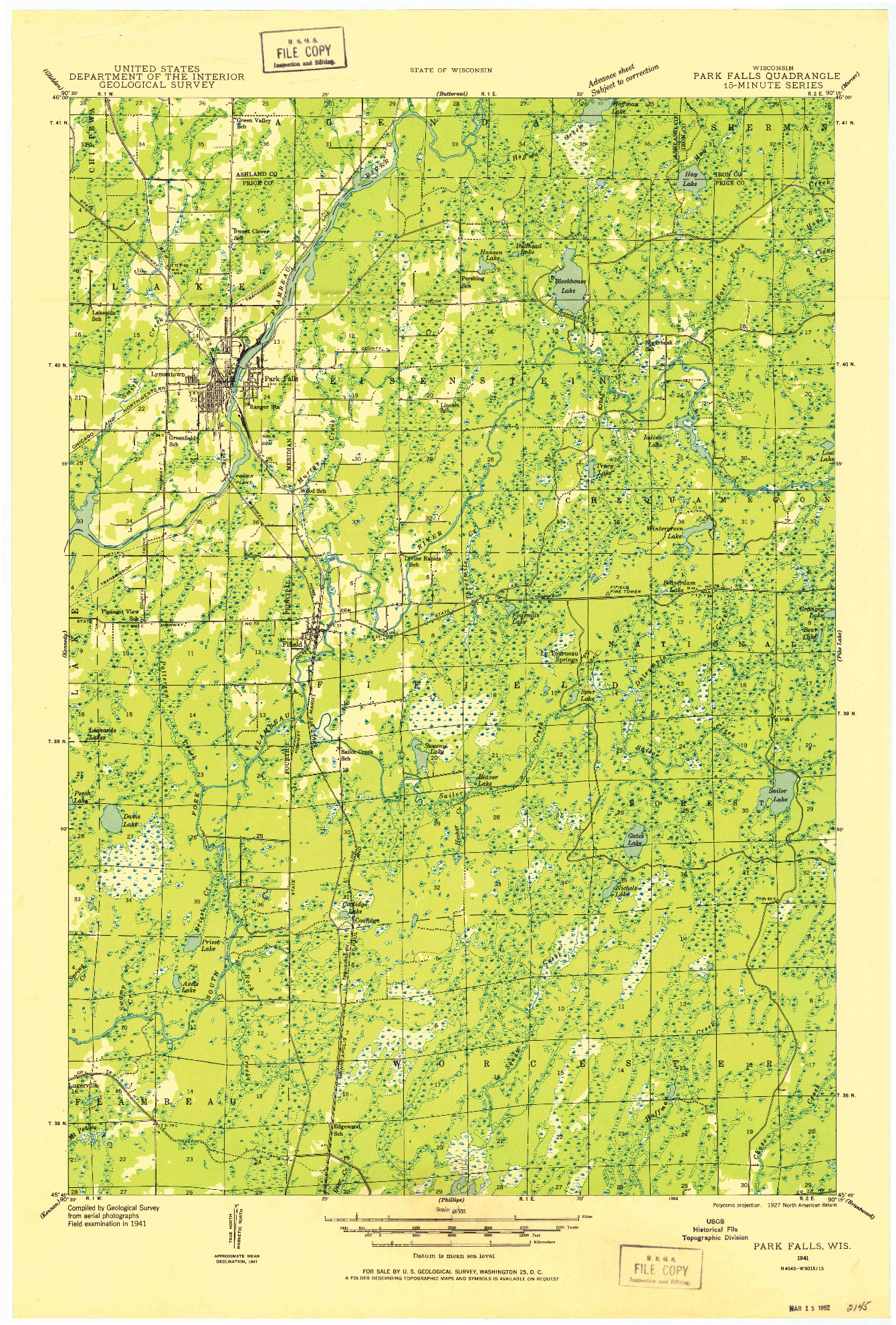 USGS 1:48000-SCALE QUADRANGLE FOR PARK FALLS, WI 1941