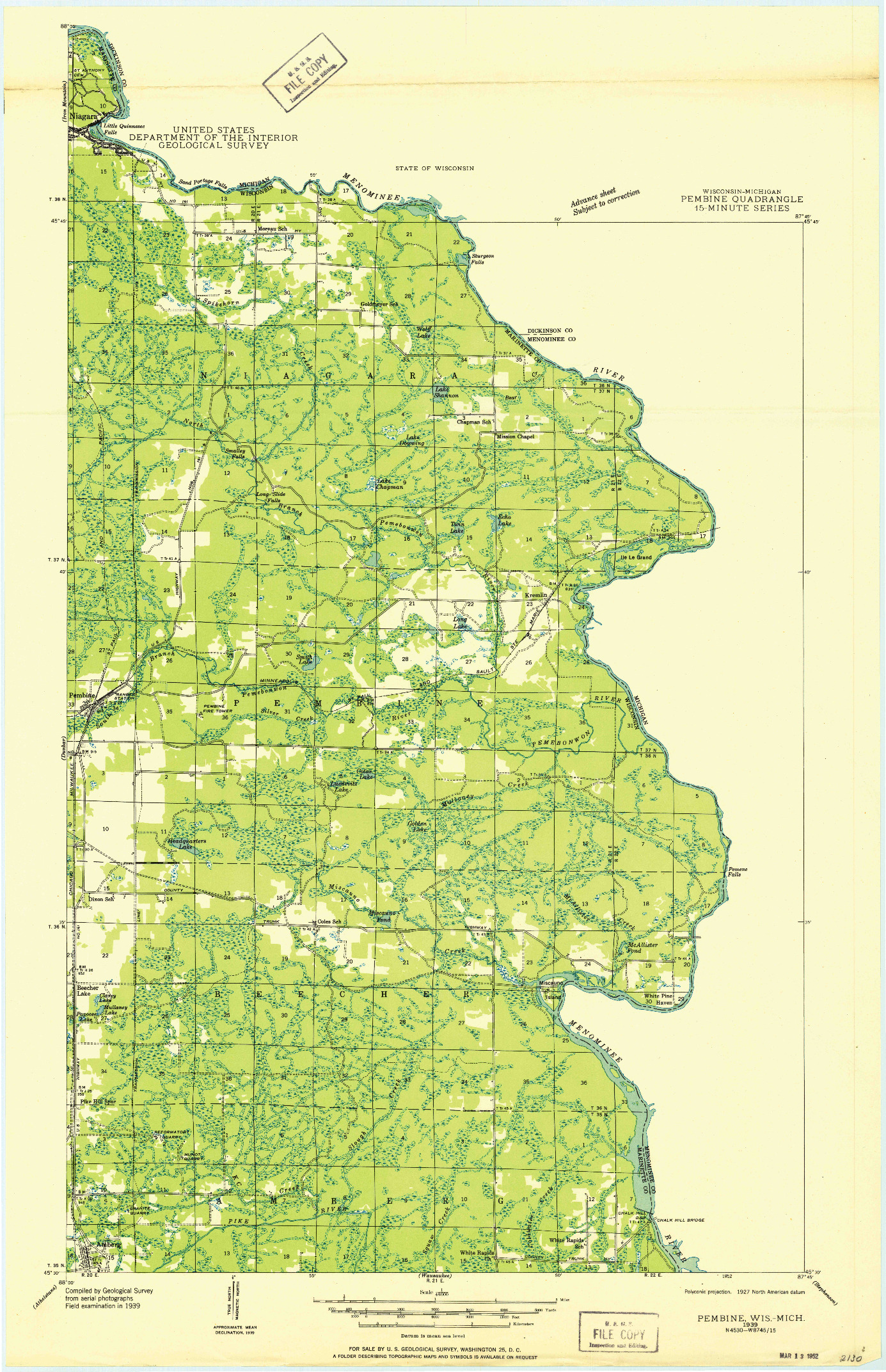 USGS 1:48000-SCALE QUADRANGLE FOR PEMBINE, WI 1939