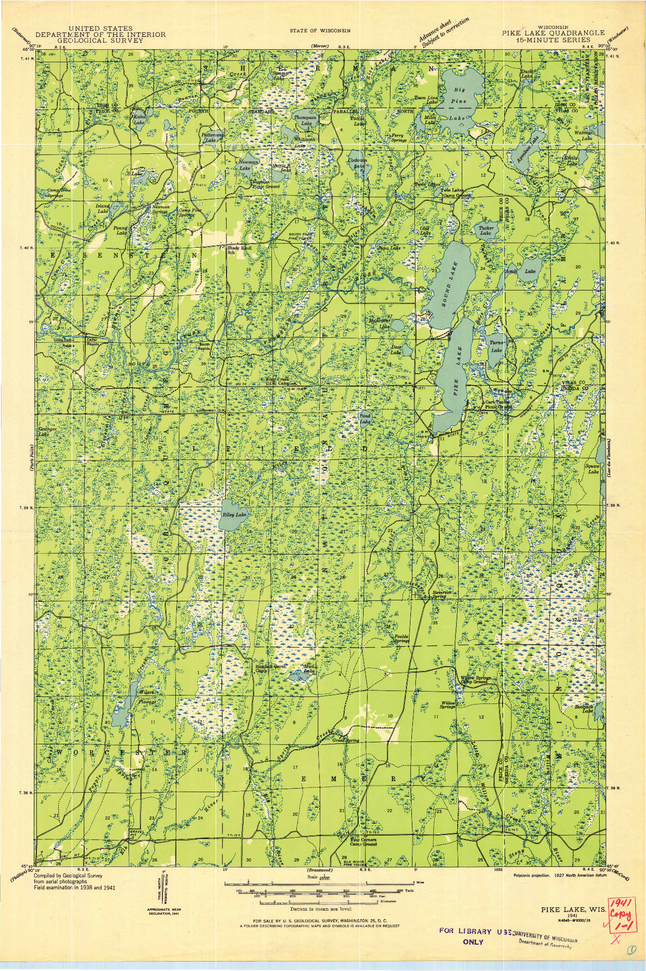 USGS 1:48000-SCALE QUADRANGLE FOR PIKE LAKE, WI 1941