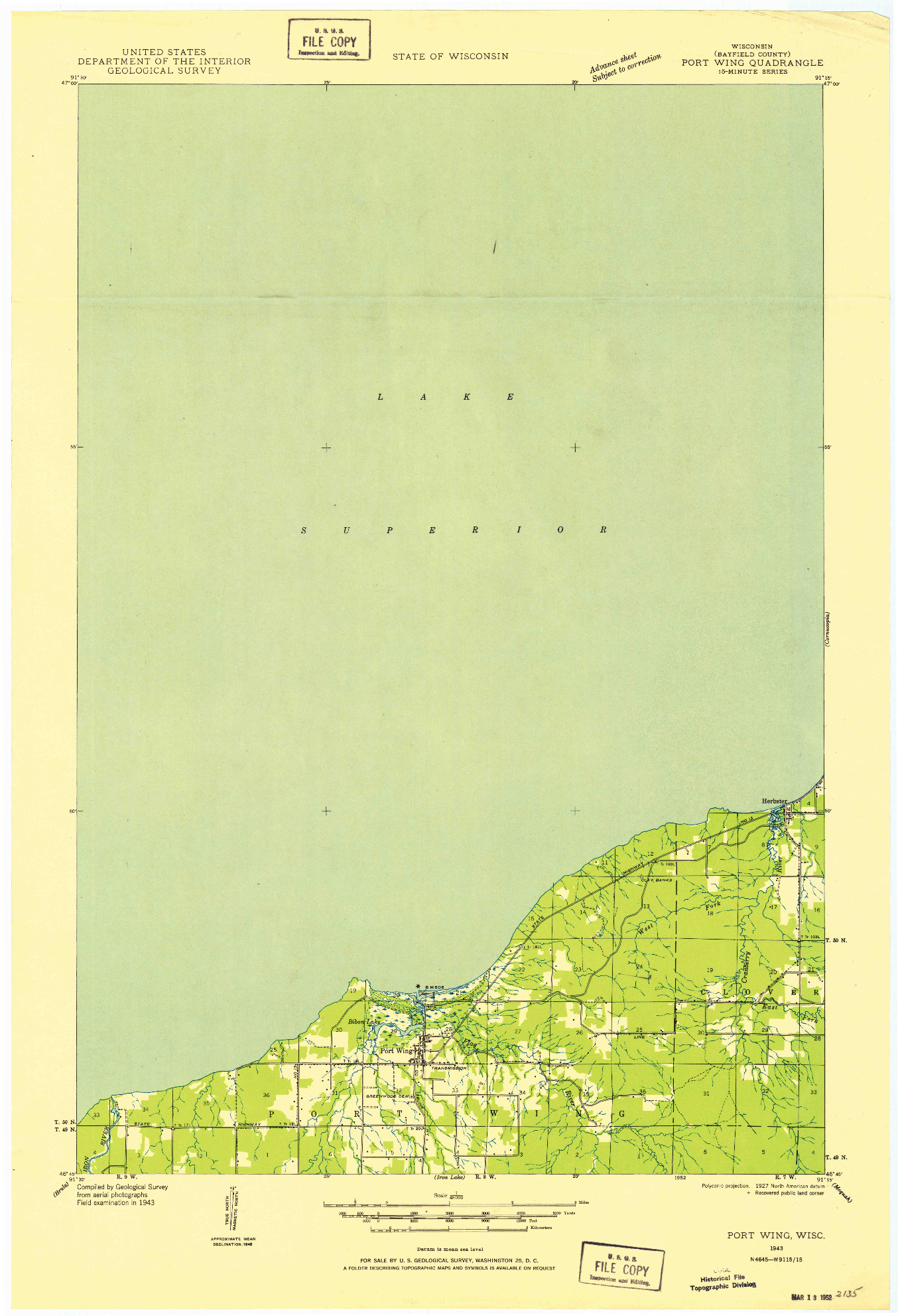 USGS 1:48000-SCALE QUADRANGLE FOR PORT WING, WI 1943