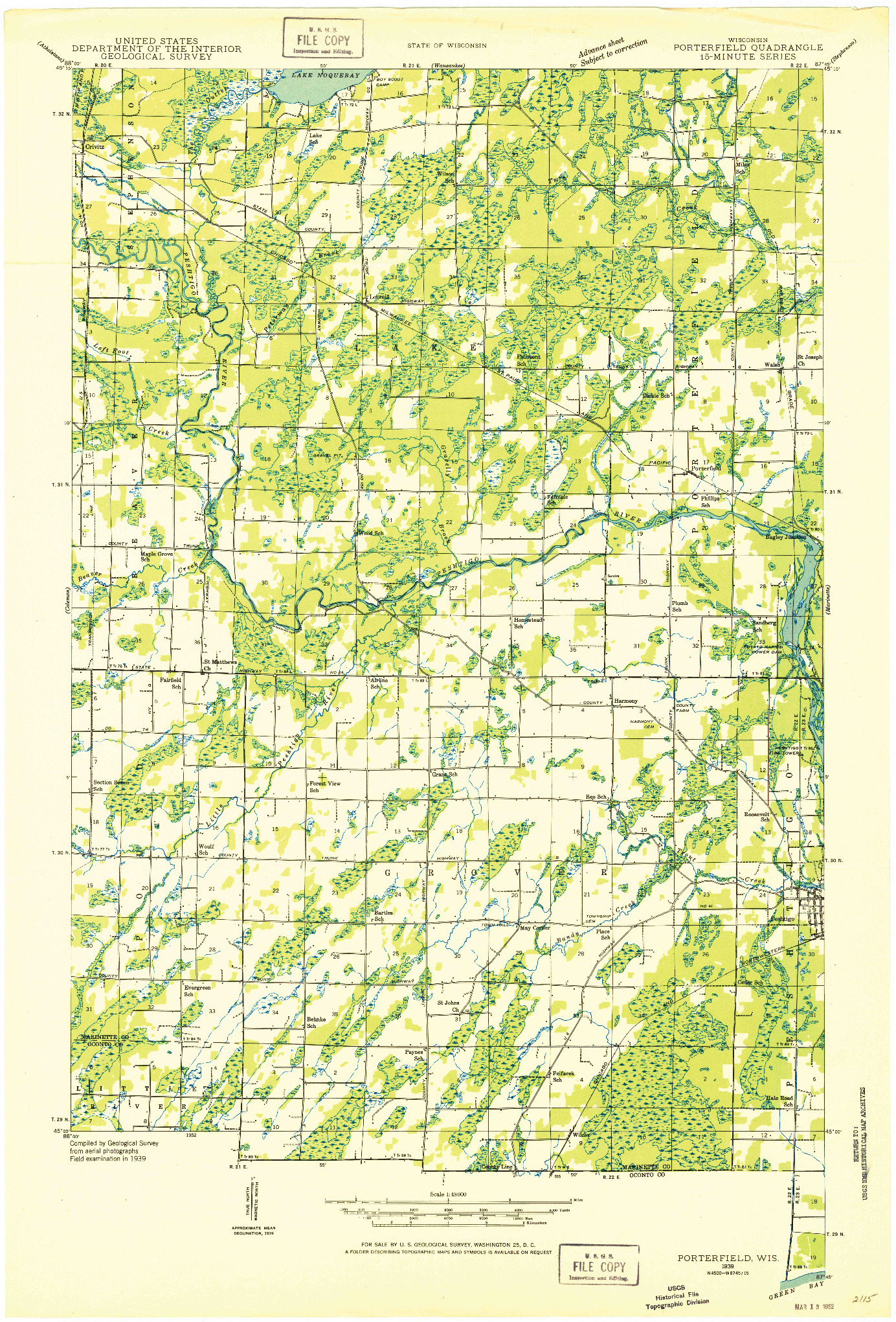 USGS 1:48000-SCALE QUADRANGLE FOR PORTERFIELD, WI 1939