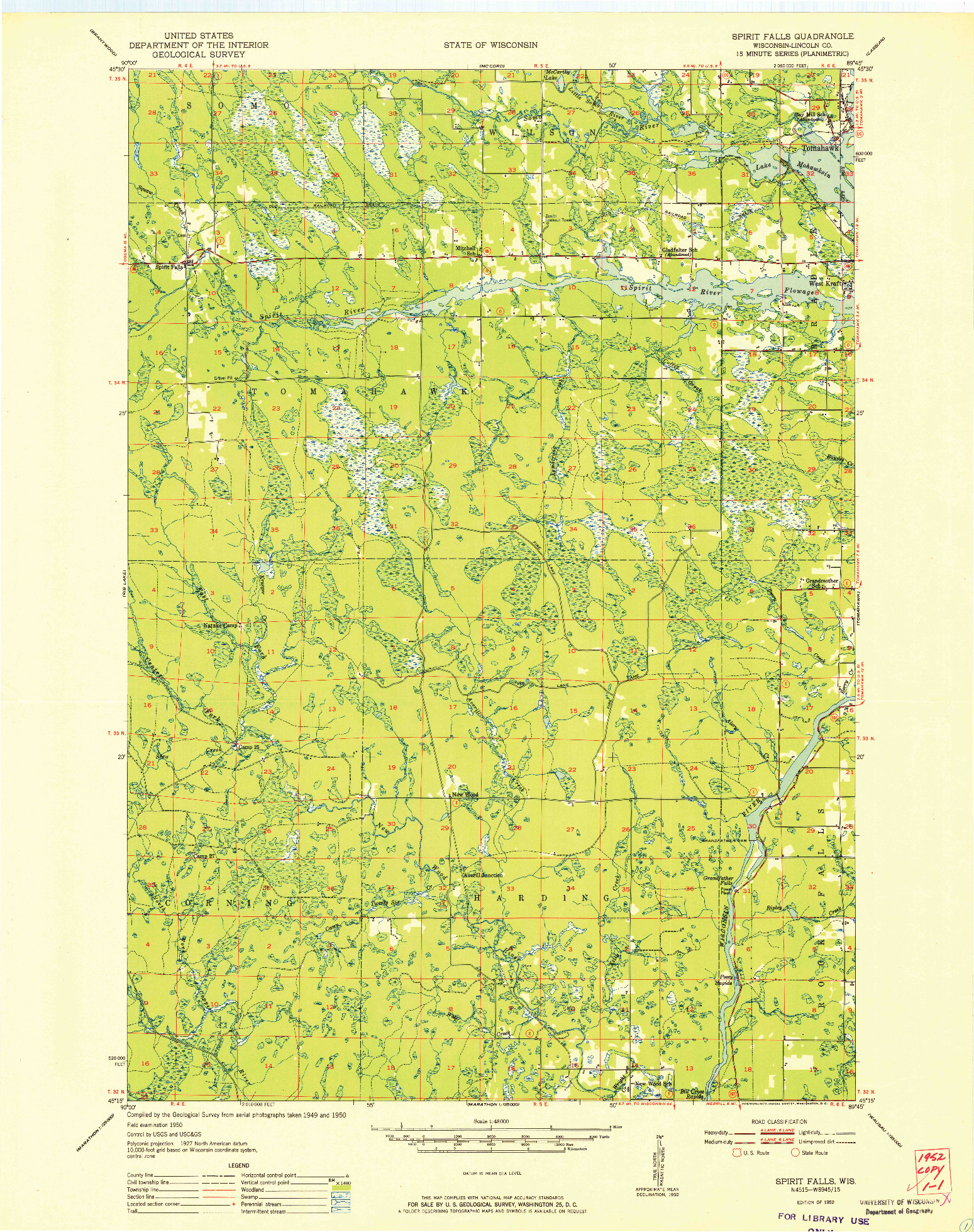 USGS 1:48000-SCALE QUADRANGLE FOR SPIRIT FALLS, WI 1952