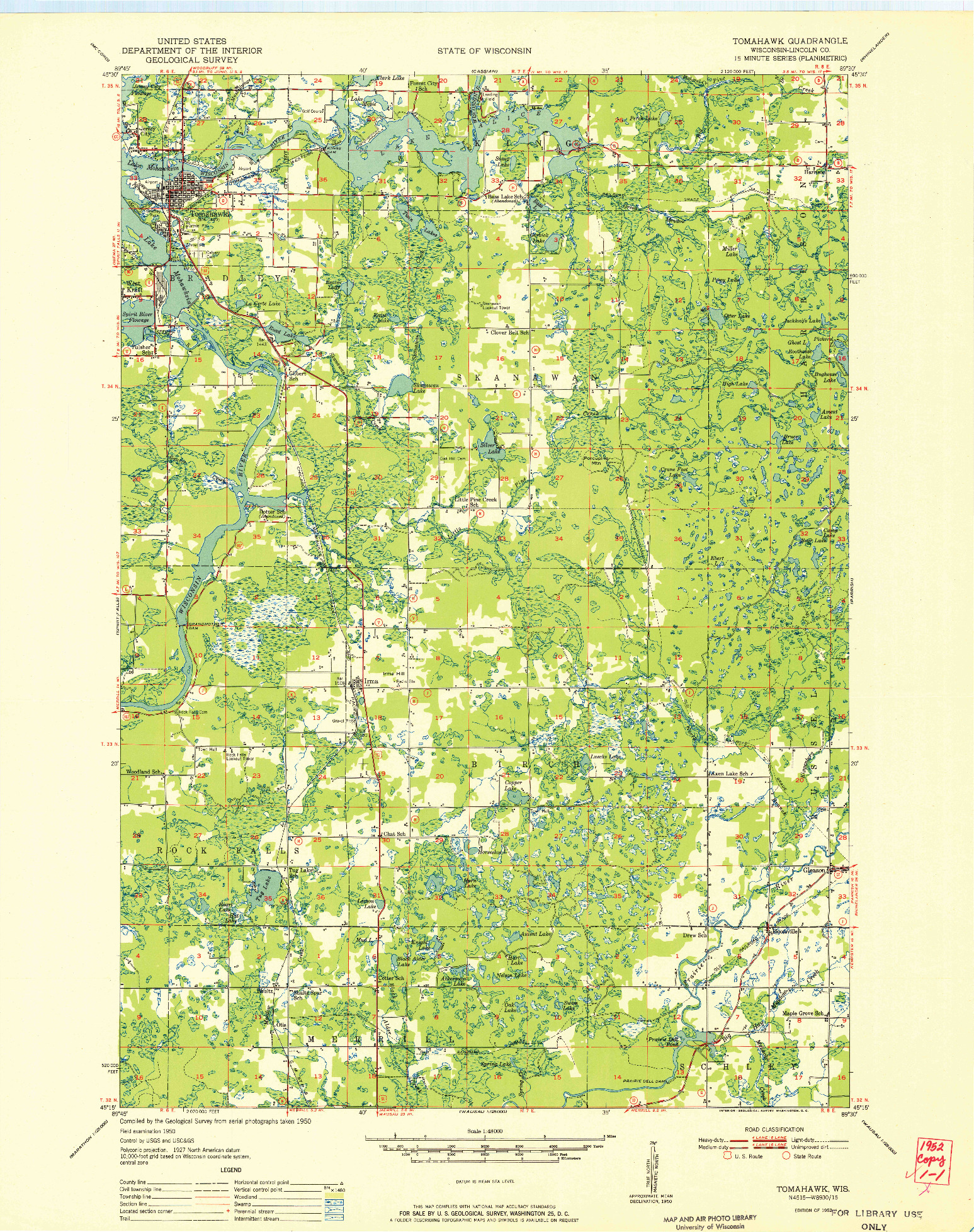 USGS 1:48000-SCALE QUADRANGLE FOR TOMAHAWK, WI 1952