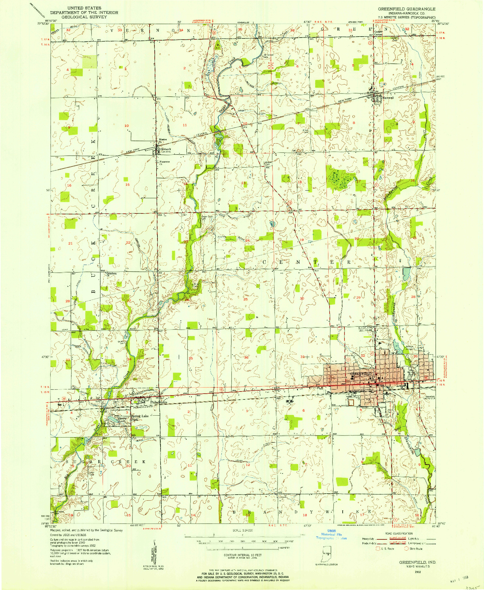 USGS 1:24000-SCALE QUADRANGLE FOR GREENFIELD, IN 1952