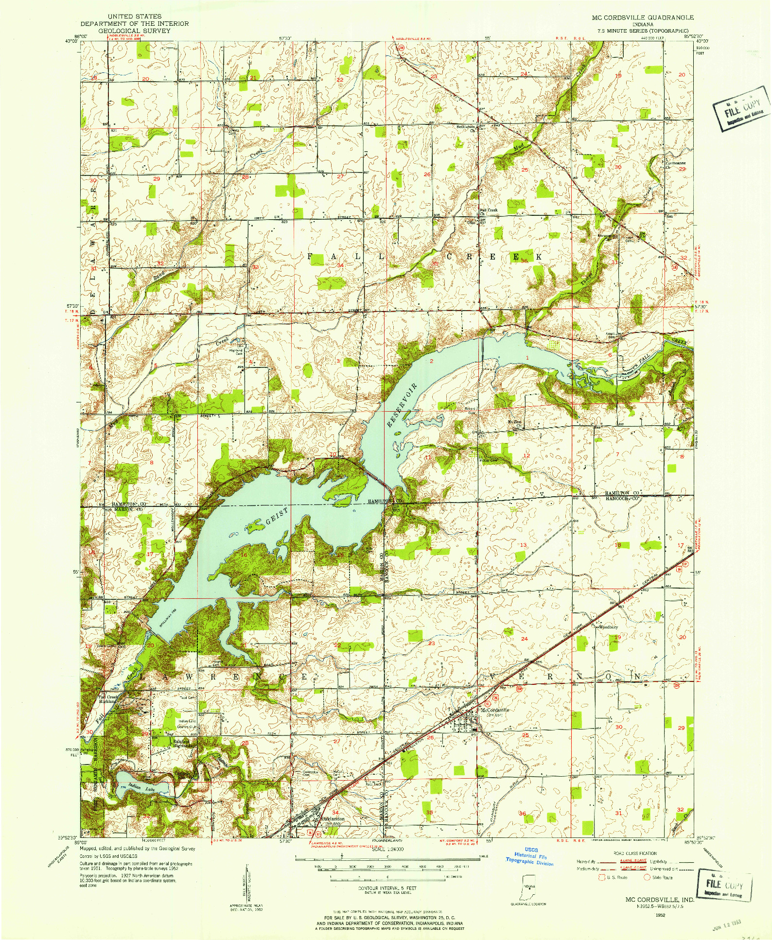 USGS 1:24000-SCALE QUADRANGLE FOR MC CORDSVILLE, IN 1952