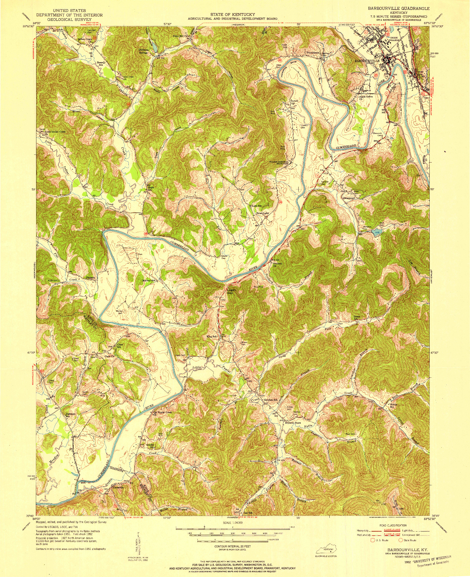 USGS 1:24000-SCALE QUADRANGLE FOR BARBOURVILLE, KY 1952