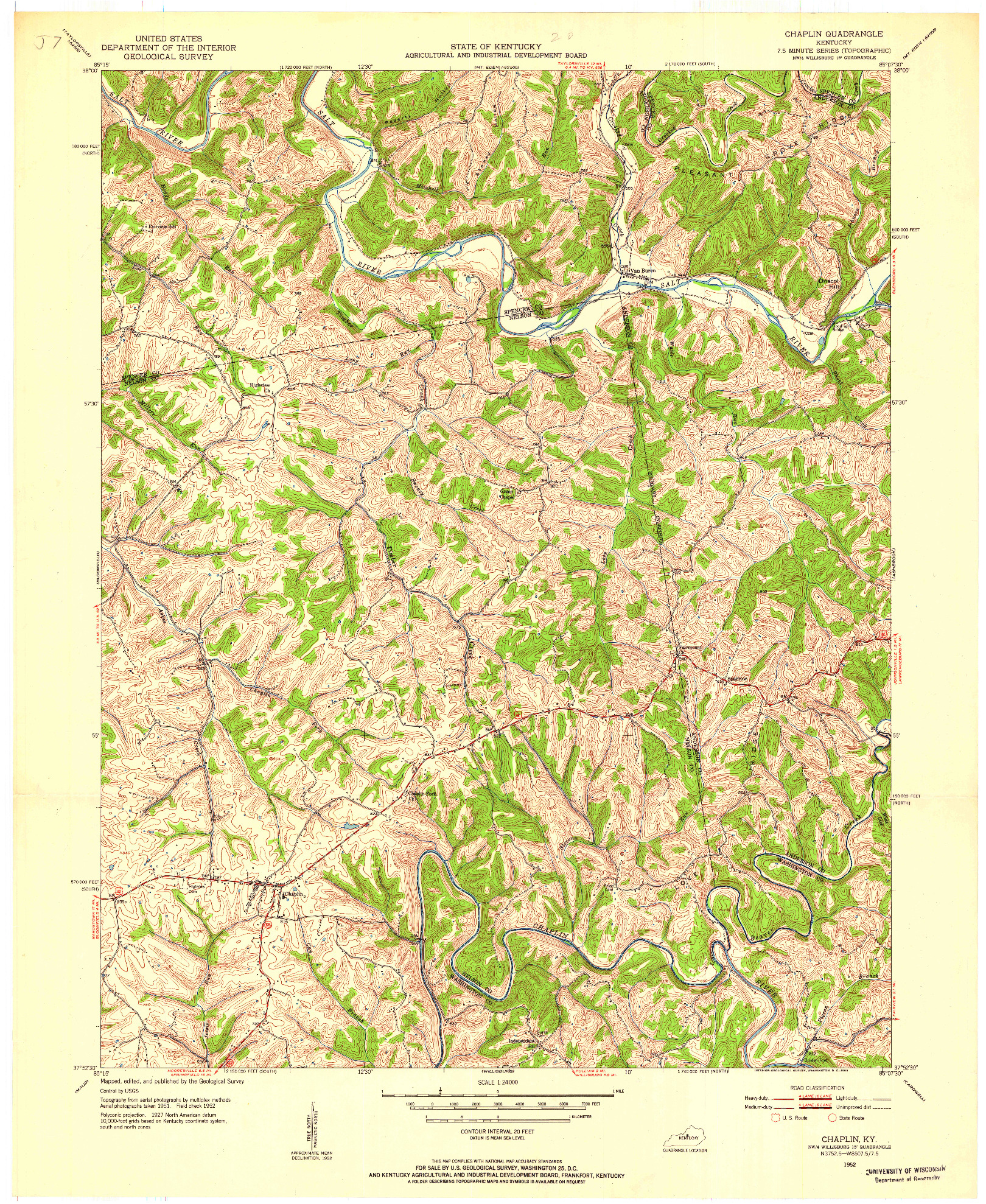 USGS 1:24000-SCALE QUADRANGLE FOR CHAPLIN, KY 1952