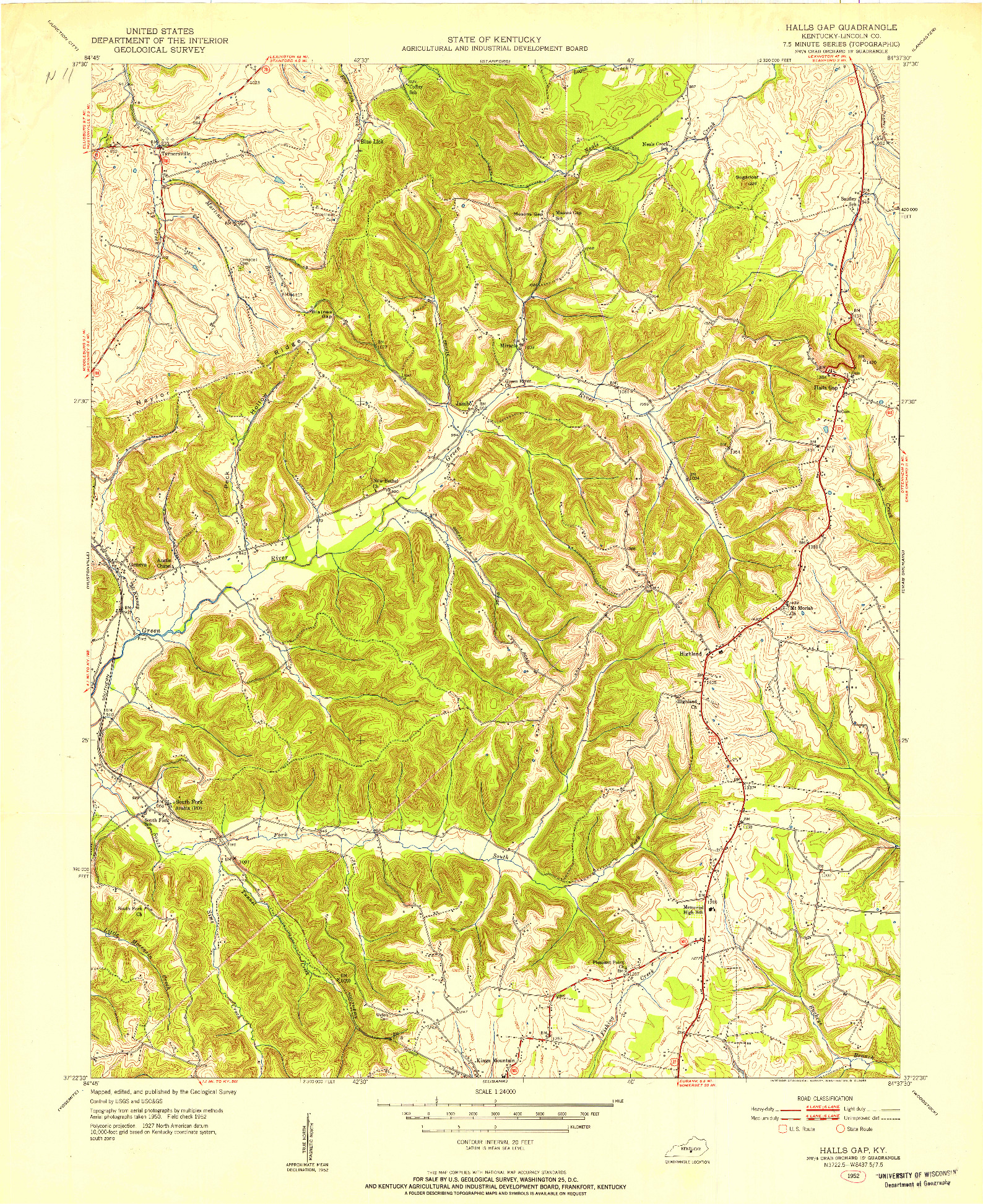 USGS 1:24000-SCALE QUADRANGLE FOR HALLS GAP, KY 1952