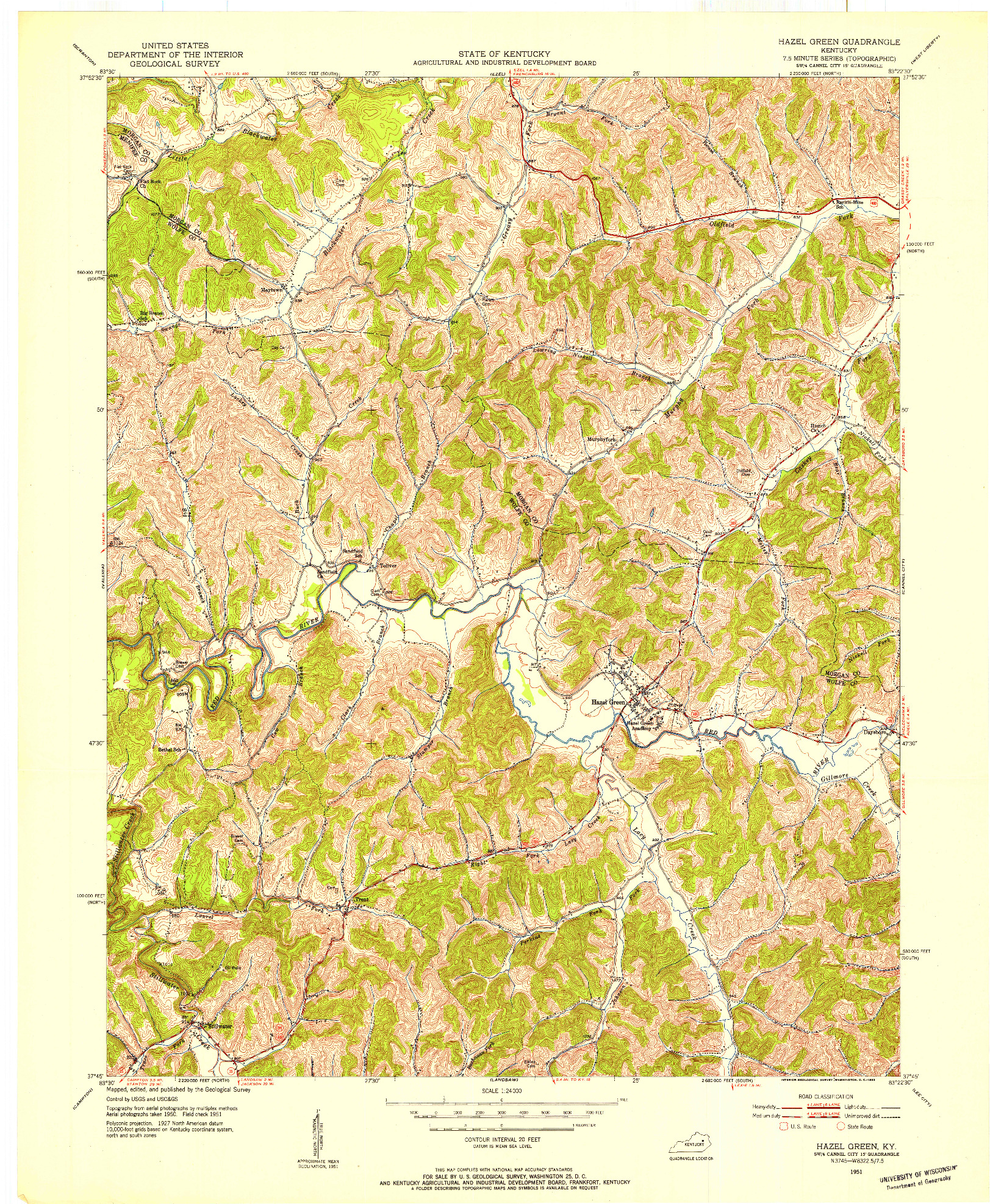 USGS 1:24000-SCALE QUADRANGLE FOR HAZEL GREEN, KY 1951