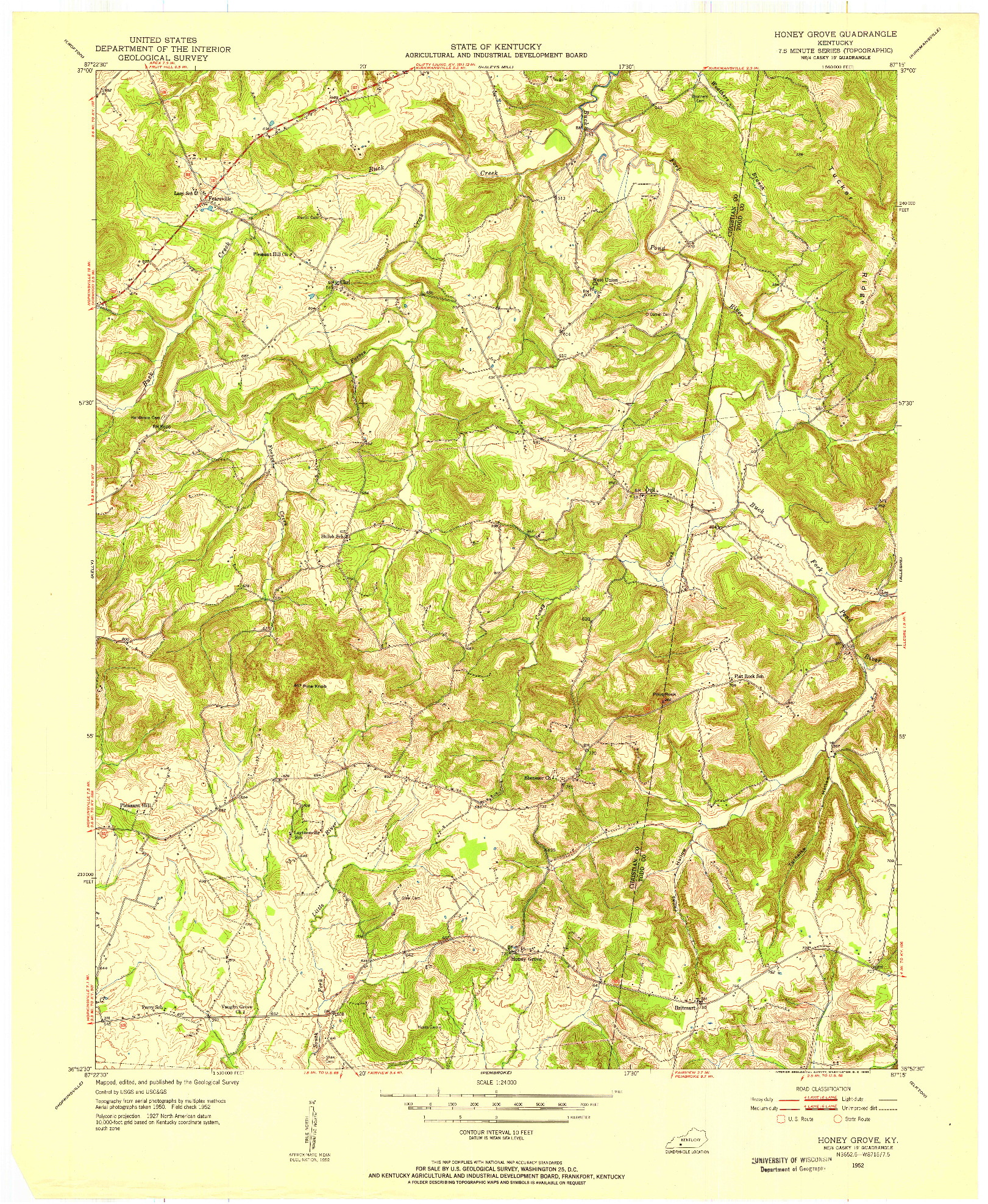 USGS 1:24000-SCALE QUADRANGLE FOR HONEY GROVE, KY 1952