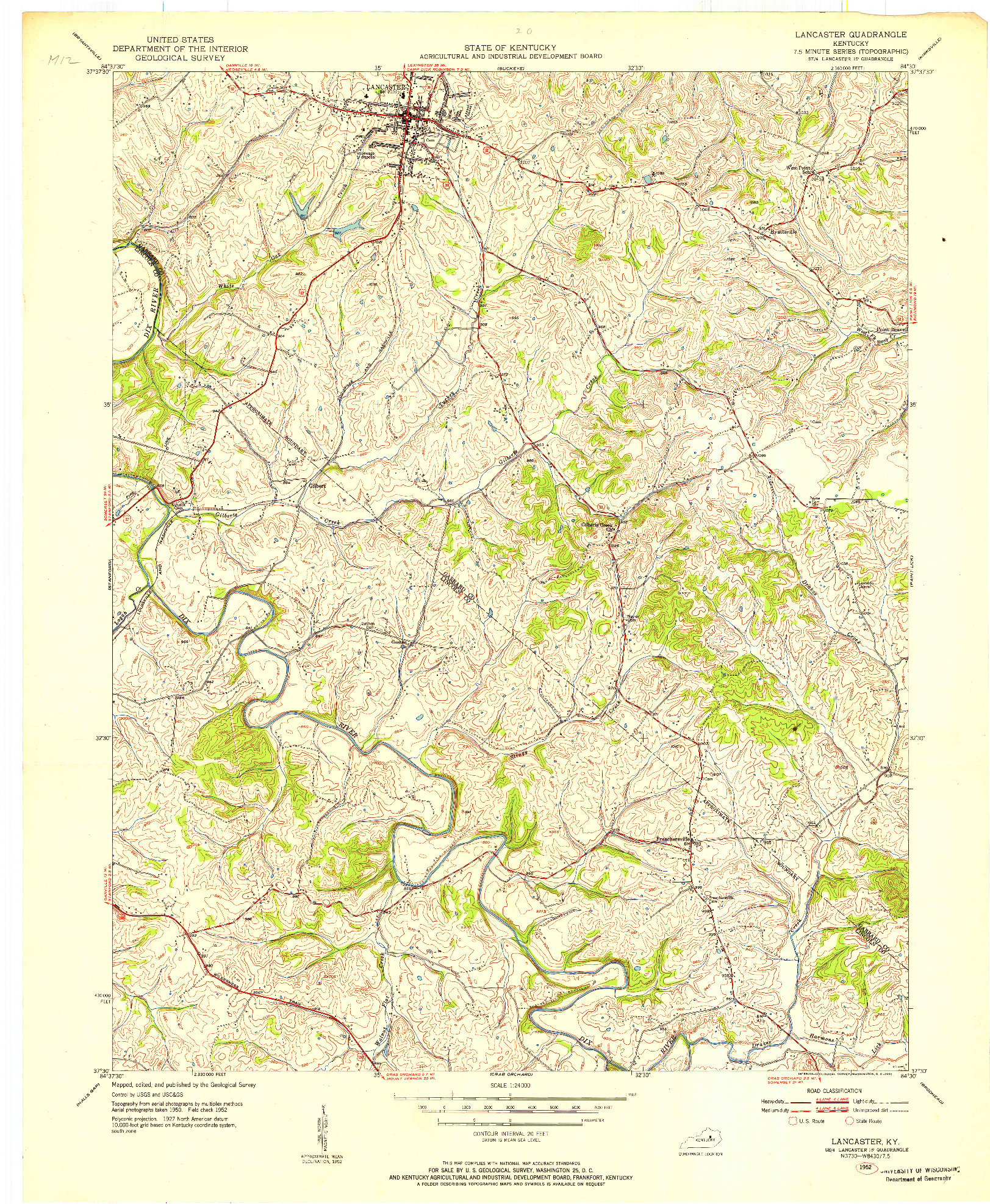 USGS 1:24000-SCALE QUADRANGLE FOR LANCASTER, KY 1952