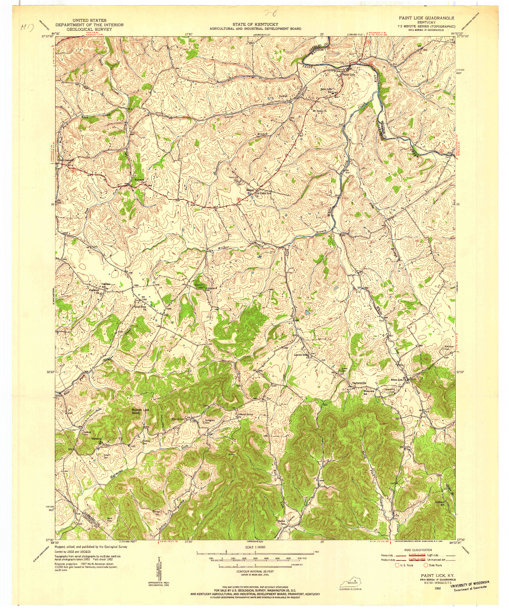 USGS 1:24000-SCALE QUADRANGLE FOR PAINT LICK, KY 1952