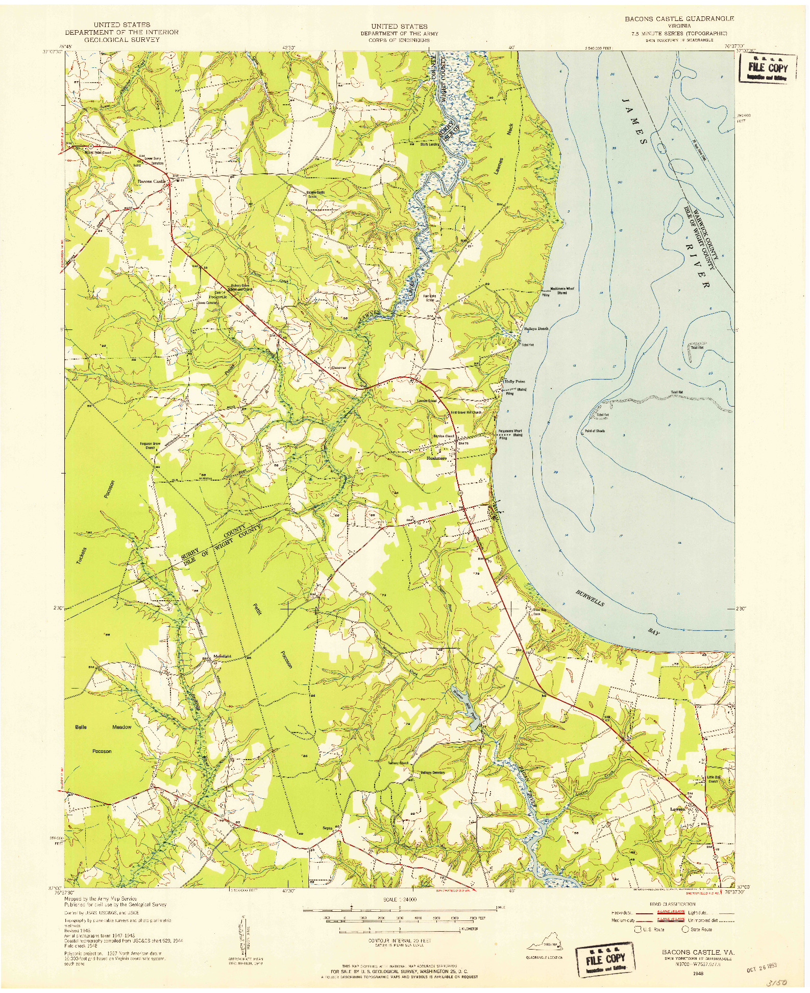 USGS 1:24000-SCALE QUADRANGLE FOR BACONS CASTLE, VA 1948